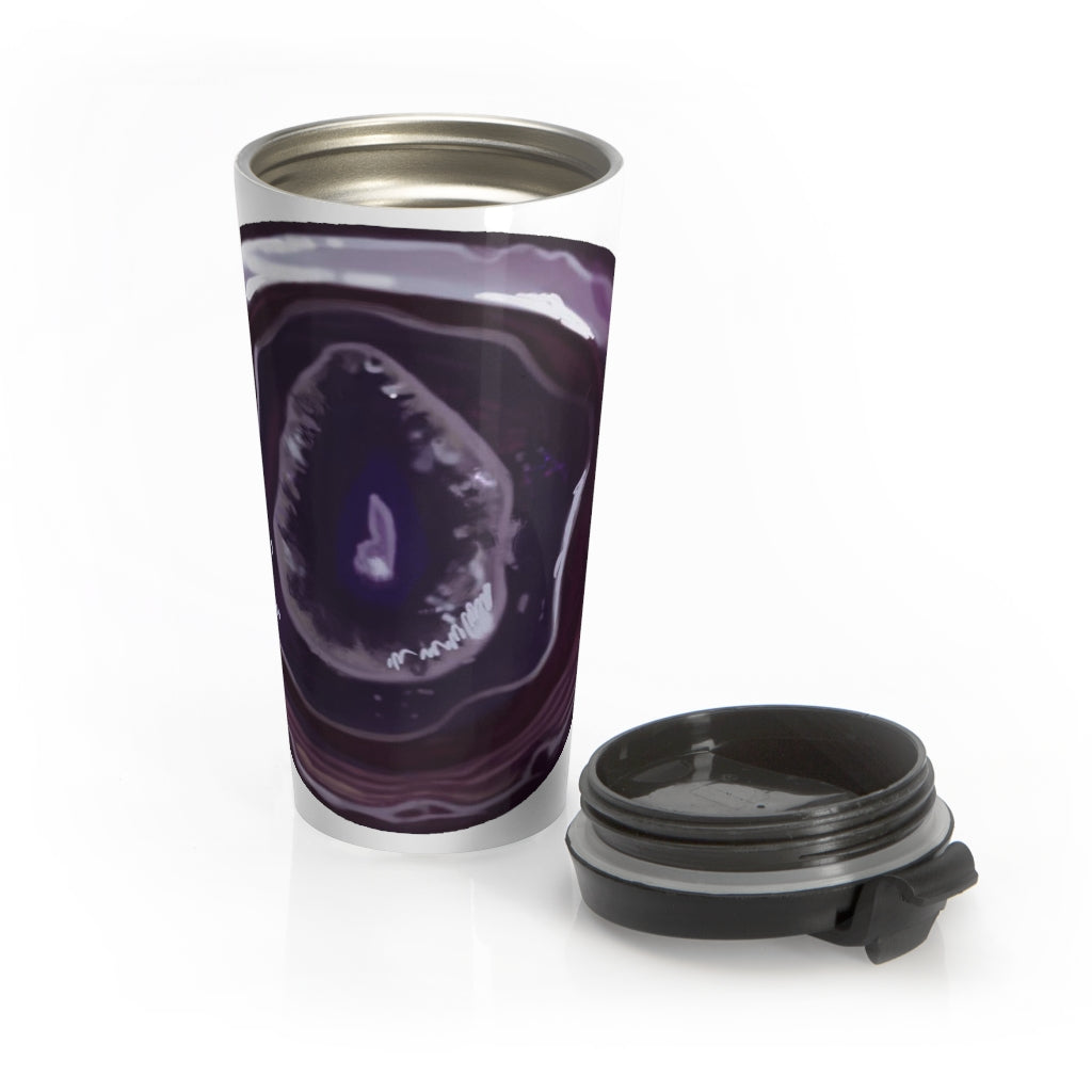 Purple Rock Stainless Steel Travel Mug with black lid, showcasing vibrant sublimation printing and sleek design.