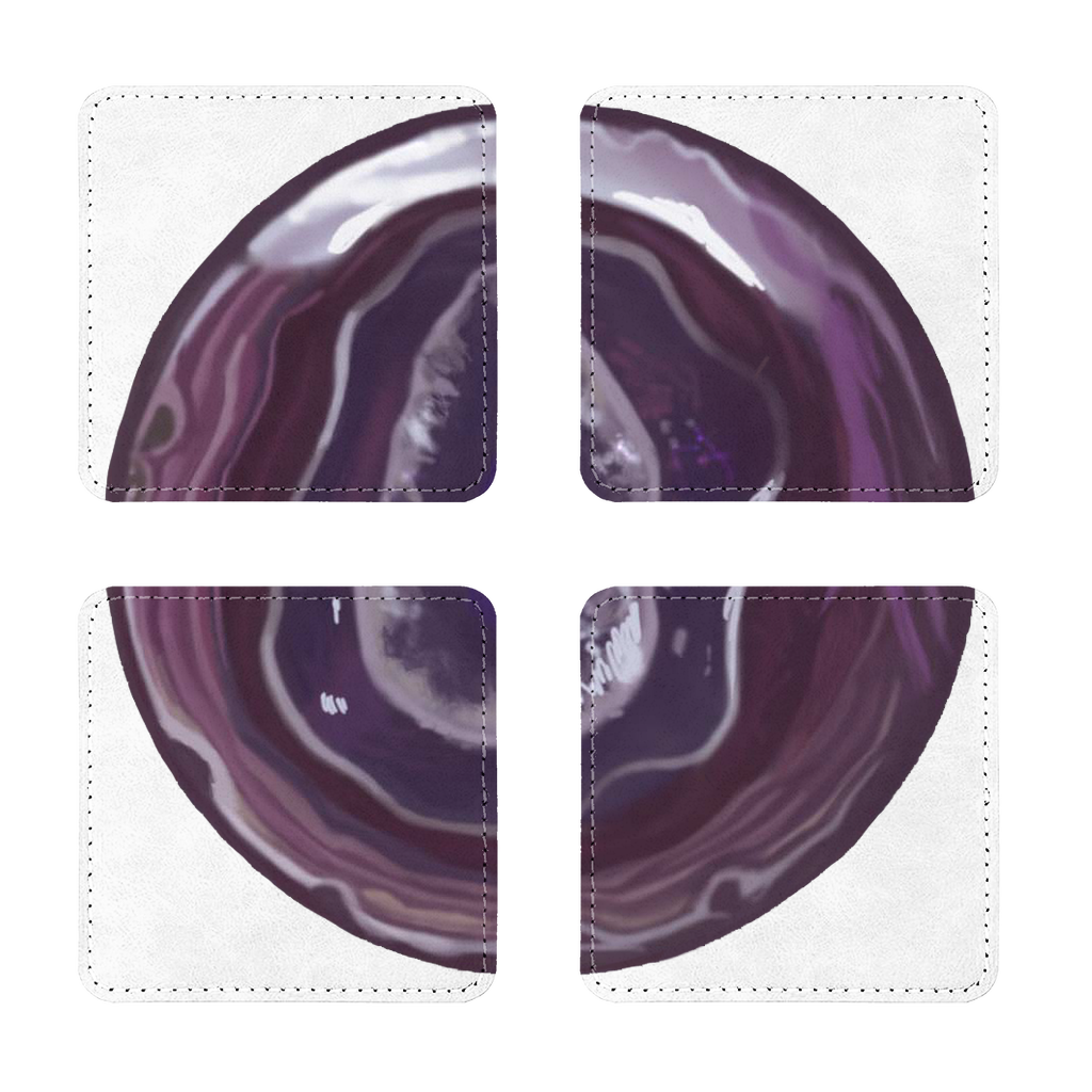 Pack of four Purple Rock Sublimation Coasters made of PU leather, featuring a white printable face and white stitching.