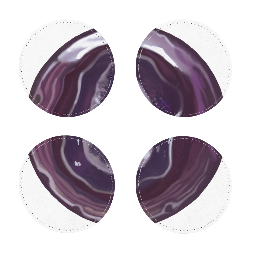 Pack of four Purple Rock Sublimation Coasters made of PU leather, featuring a white printable face and white stitching.