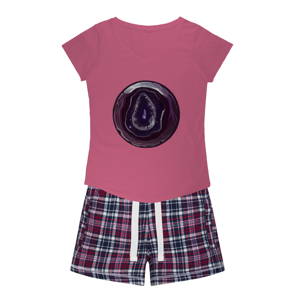 Purple Rock Women's Sleepy Tee and Flannel Short set featuring a relaxed fit T-shirt and vibrant flannel shorts, perfect for cozy nights.