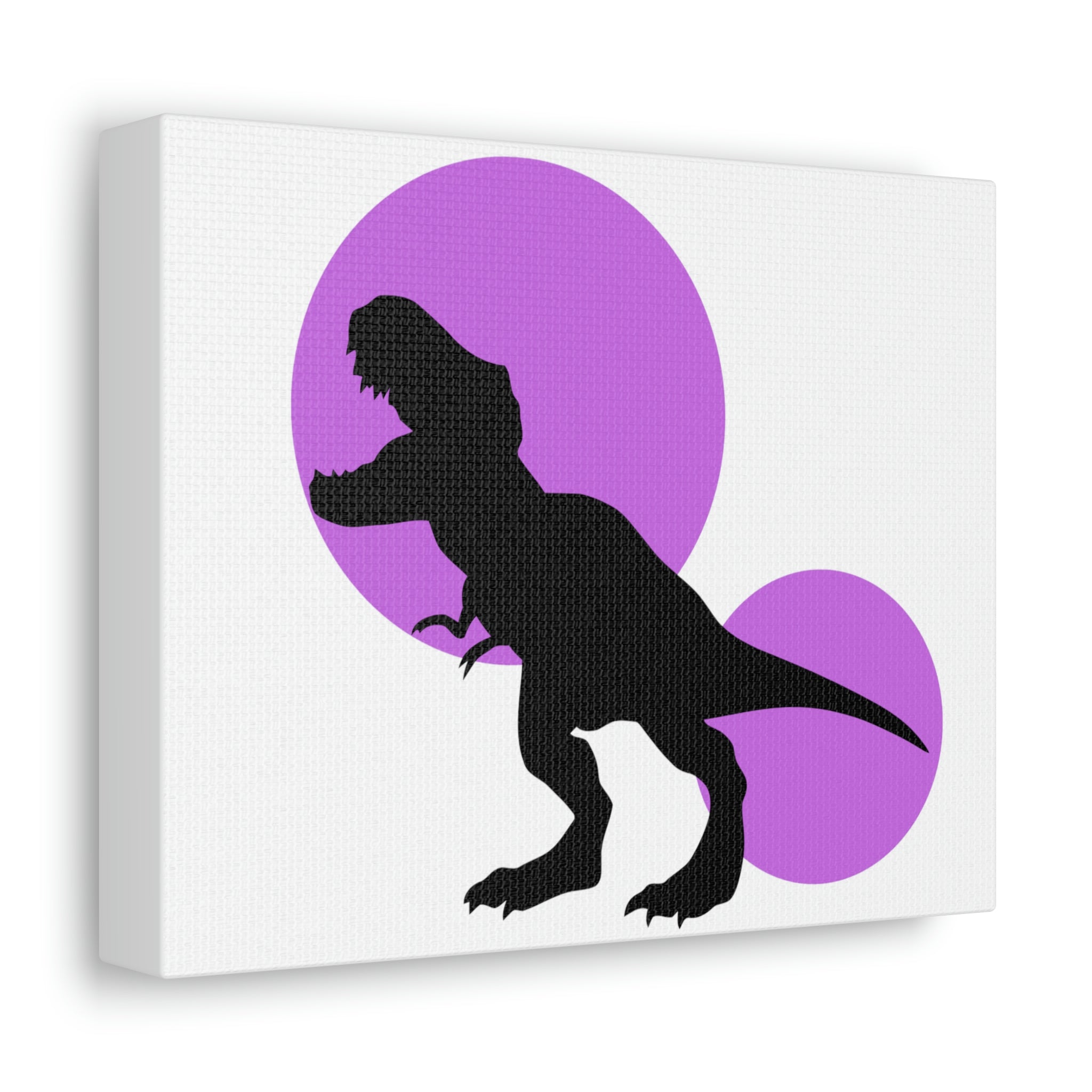 A vibrant Purple Tyrannosaurus Rex design printed on a stretched canvas, showcasing high-quality details and colors.