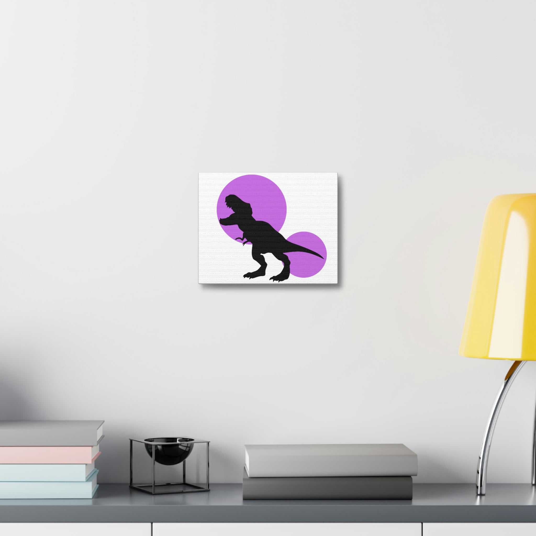 A vibrant Purple Tyrannosaurus Rex design printed on a stretched canvas, showcasing high-quality details and colors.