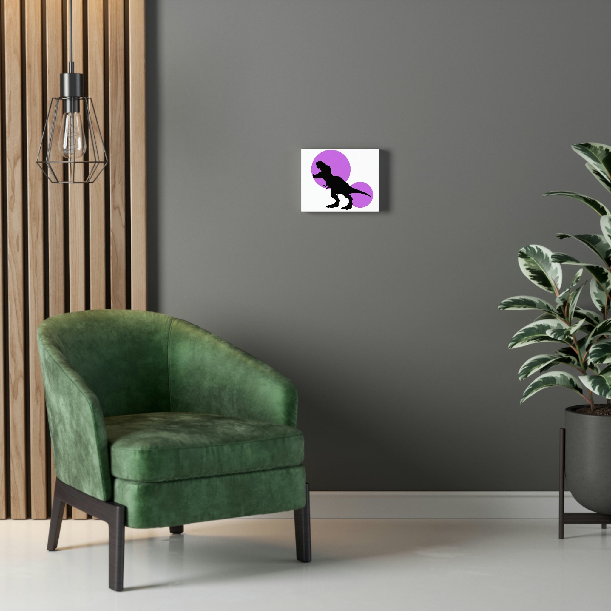 A vibrant Purple Tyrannosaurus Rex design printed on a stretched canvas, showcasing high-quality details and colors.