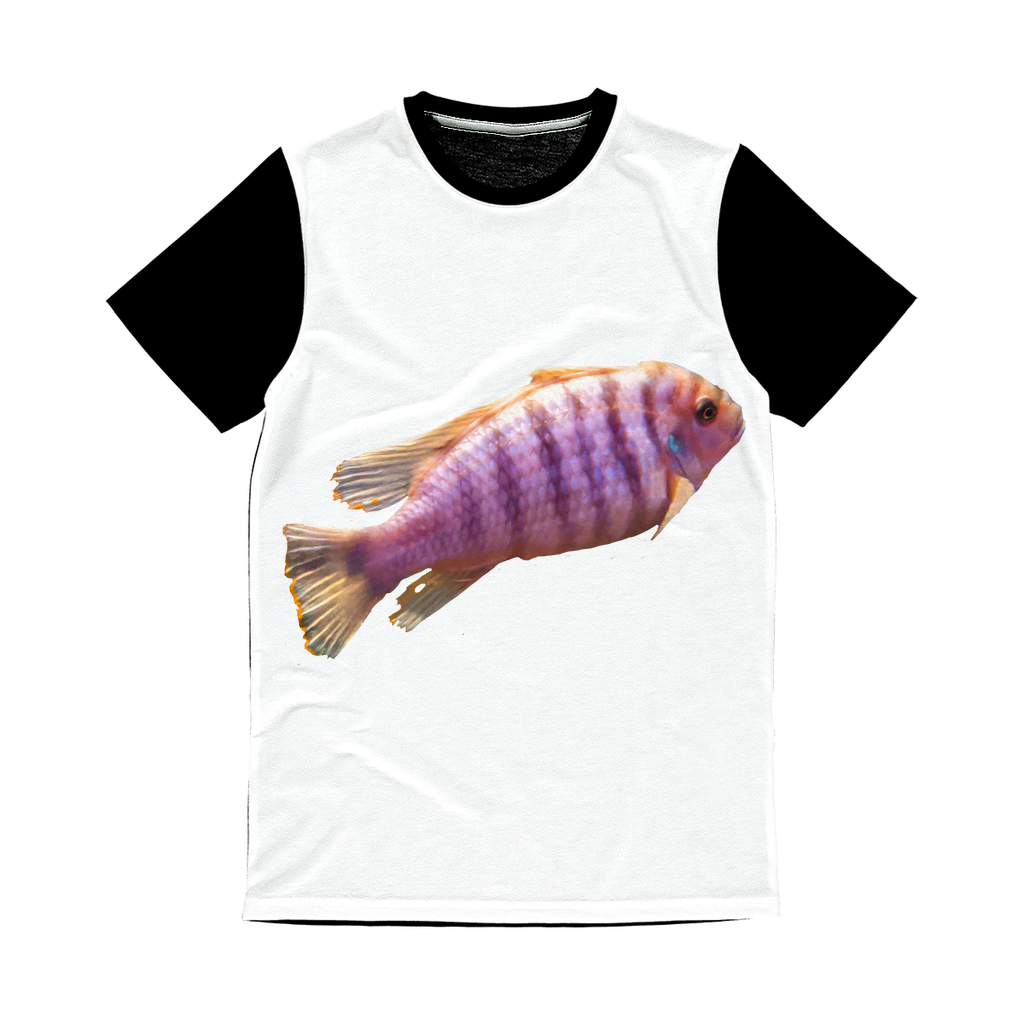 PurpleFish Classic Sublimation Panel T-Shirt featuring a vibrant front design area and a plain black back, perfect for custom printing.