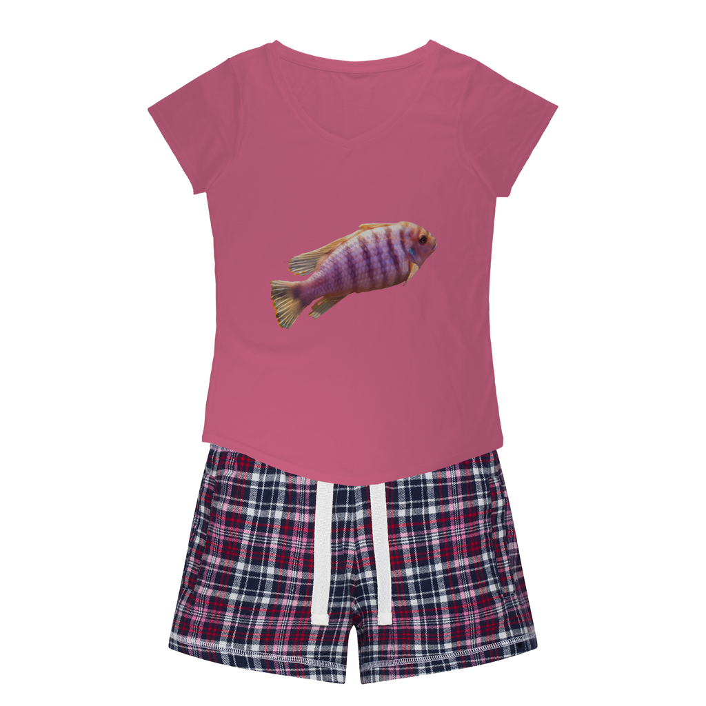 PurpleFish Women's Sleepy Tee and Flannel Short set featuring a relaxed fit T-shirt and vibrant flannel shorts, perfect for cozy nights.