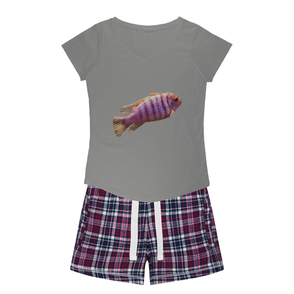 PurpleFish Women's Sleepy Tee and Flannel Short set featuring a relaxed fit T-shirt and vibrant flannel shorts, perfect for cozy nights.