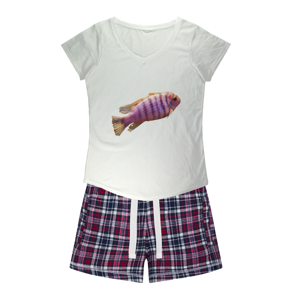 PurpleFish Women's Sleepy Tee and Flannel Short set featuring a relaxed fit T-shirt and vibrant flannel shorts, perfect for cozy nights.