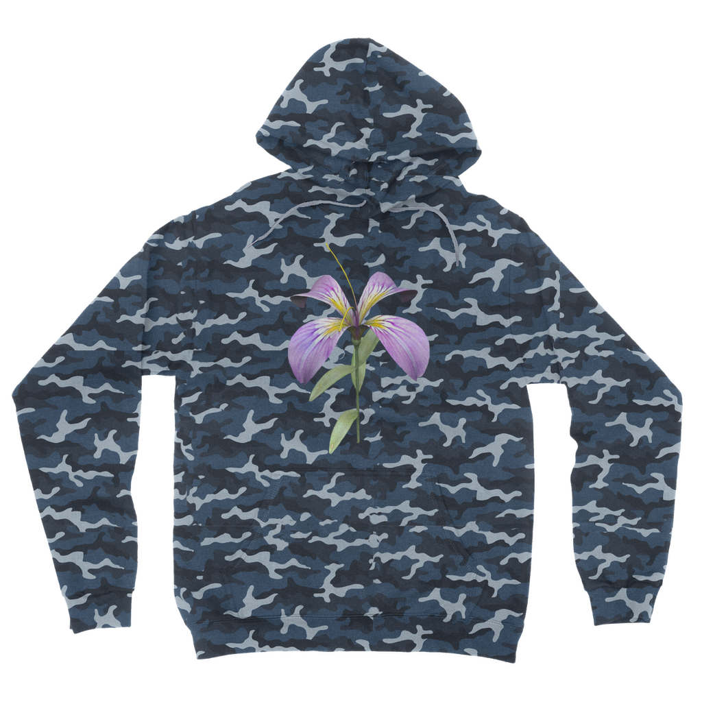 PurpleFlower Camouflage Adult Hoodie featuring a classic camo print, double fabric hood, and kangaroo pouch pocket.