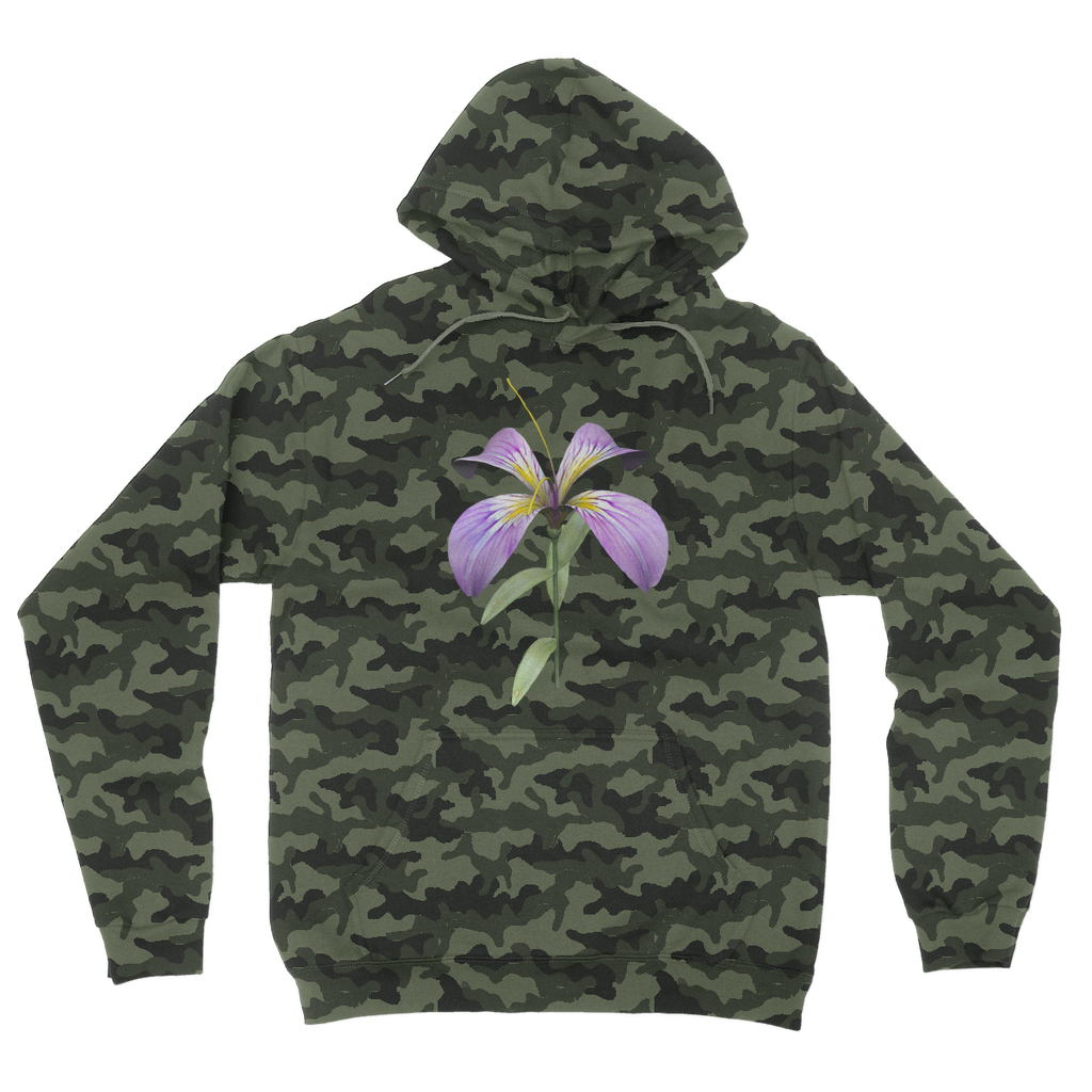 PurpleFlower Camouflage Adult Hoodie featuring a classic camo print, double fabric hood, and kangaroo pouch pocket.