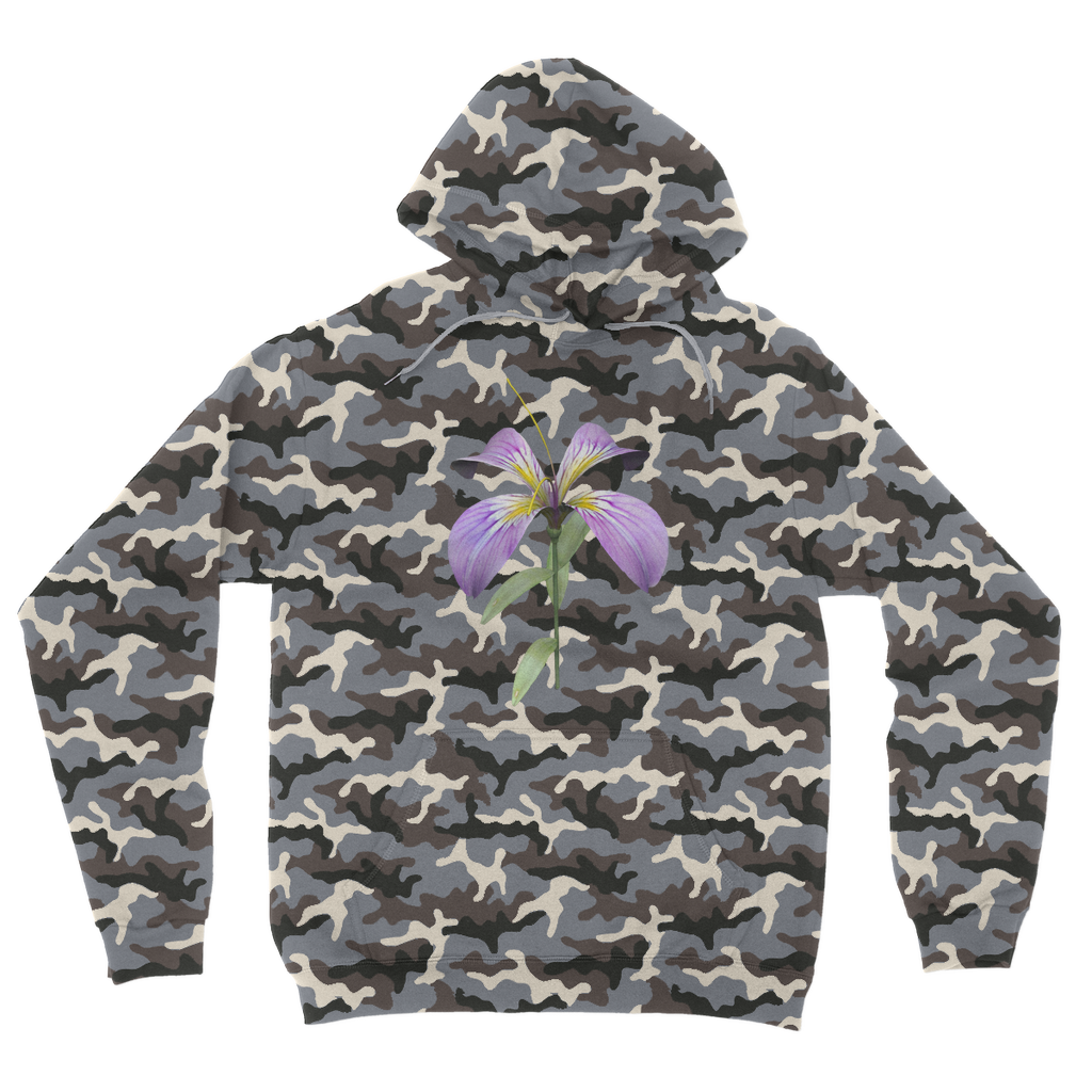 PurpleFlower Camouflage Adult Hoodie featuring a classic camo print, double fabric hood, and kangaroo pouch pocket.