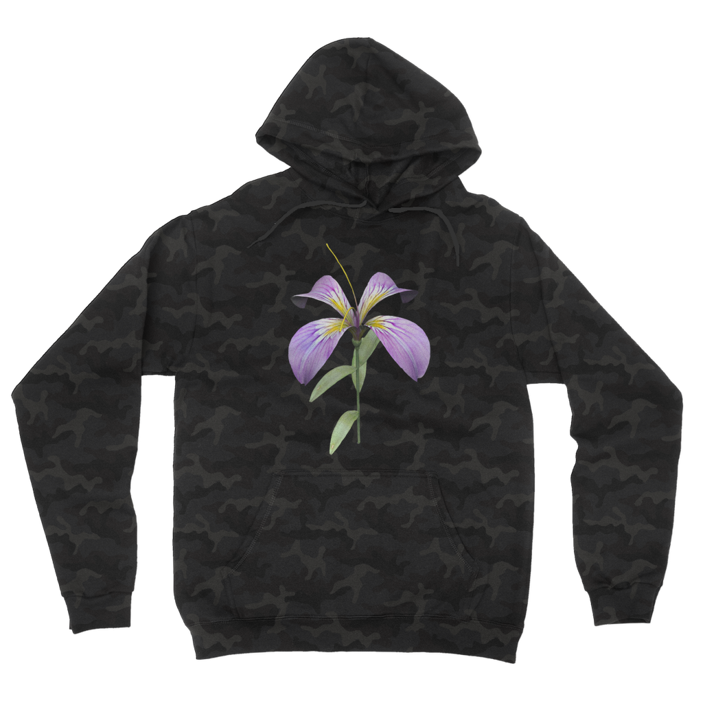 PurpleFlower Camouflage Adult Hoodie featuring a classic camo print, double fabric hood, and kangaroo pouch pocket.