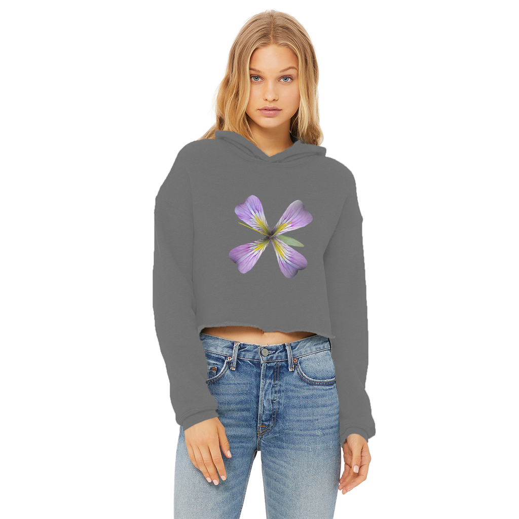 PurpleFlower3 Ladies Cropped Raw Edge Hoodie in various colors, showcasing its stylish design and raw edge hem.