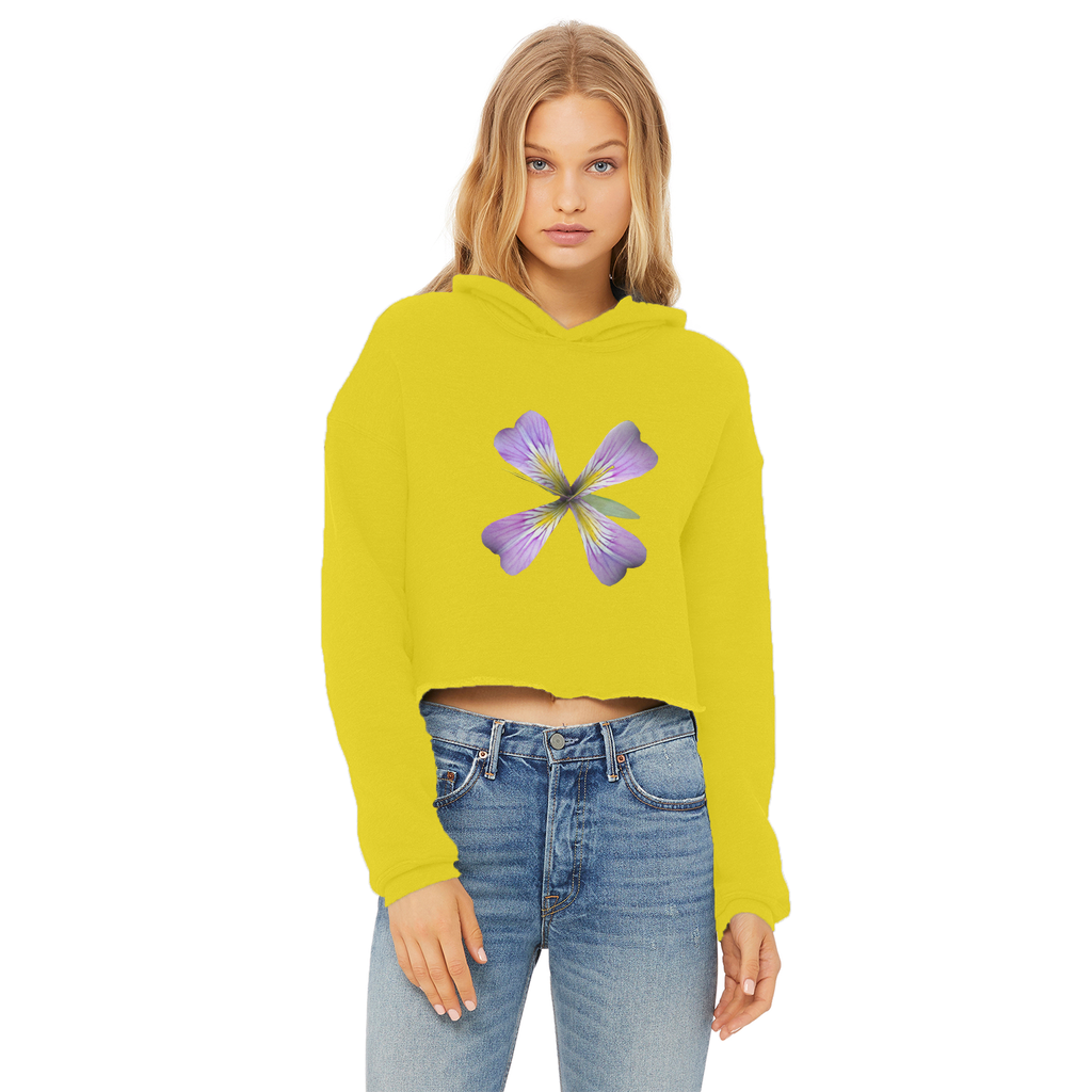 PurpleFlower3 Ladies Cropped Raw Edge Hoodie in various colors, showcasing its stylish design and raw edge hem.