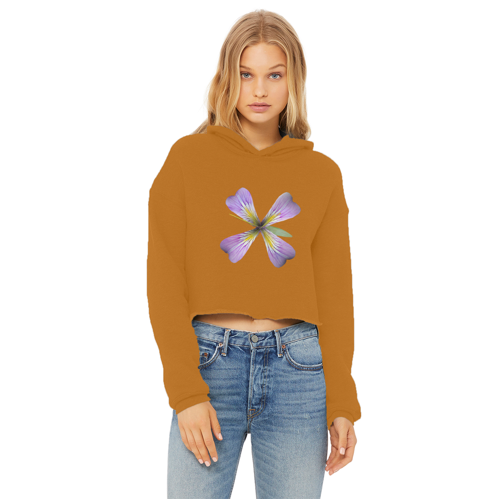 PurpleFlower3 Ladies Cropped Raw Edge Hoodie in various colors, showcasing its stylish design and raw edge hem.