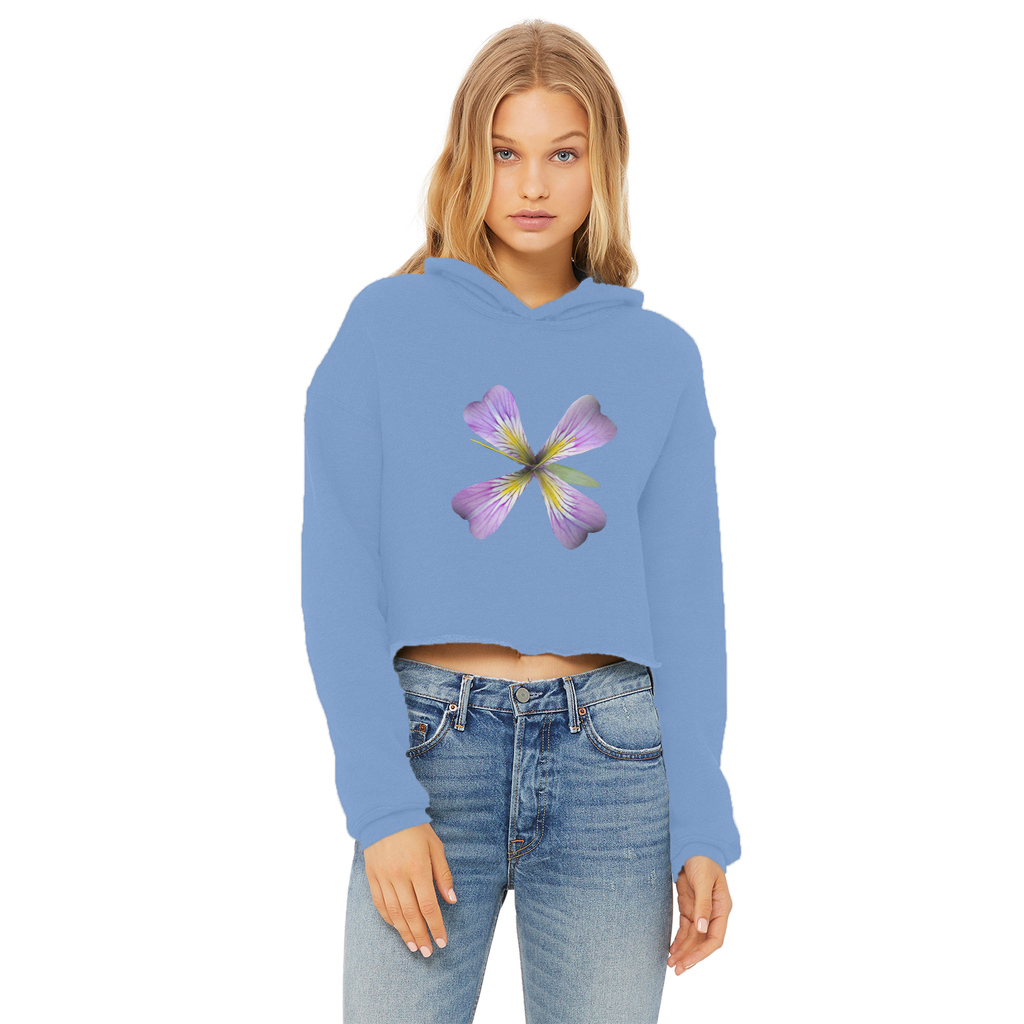 PurpleFlower3 Ladies Cropped Raw Edge Hoodie in various colors, showcasing its stylish design and raw edge hem.