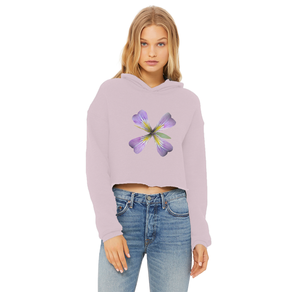 PurpleFlower3 Ladies Cropped Raw Edge Hoodie in various colors, showcasing its stylish design and raw edge hem.