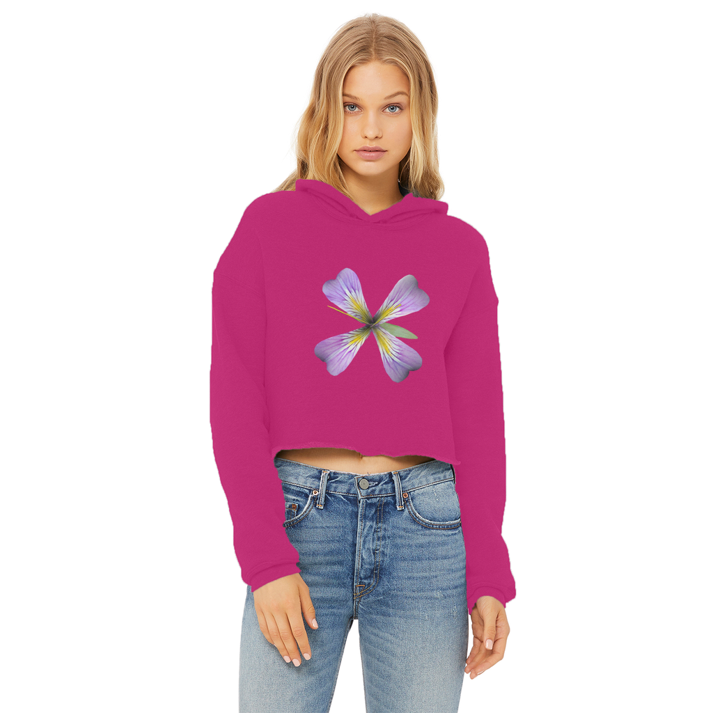 PurpleFlower3 Ladies Cropped Raw Edge Hoodie in various colors, showcasing its stylish design and raw edge hem.