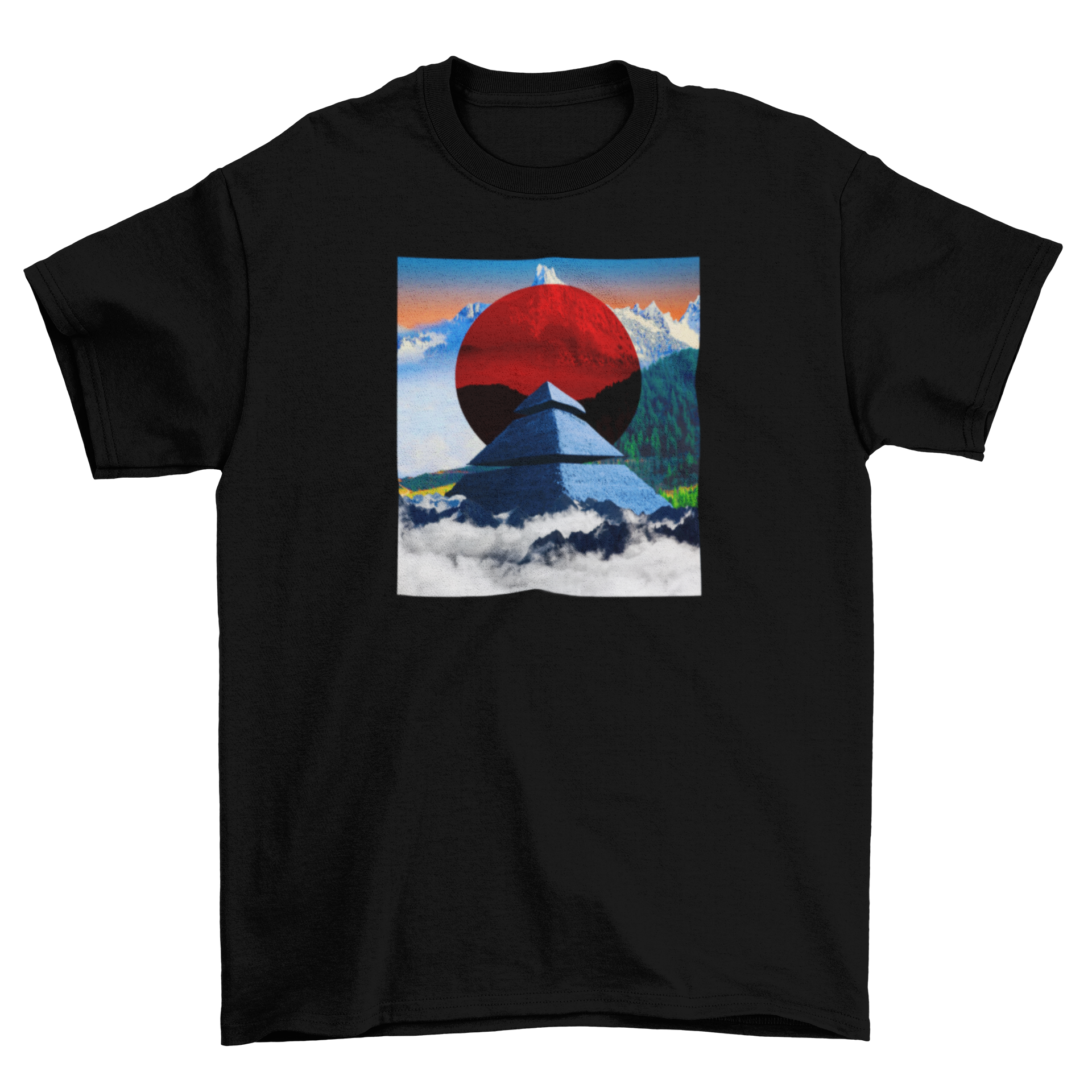 A stylish t-shirt featuring a vibrant landscape design with a pyramid and mountains, perfect for nature enthusiasts.