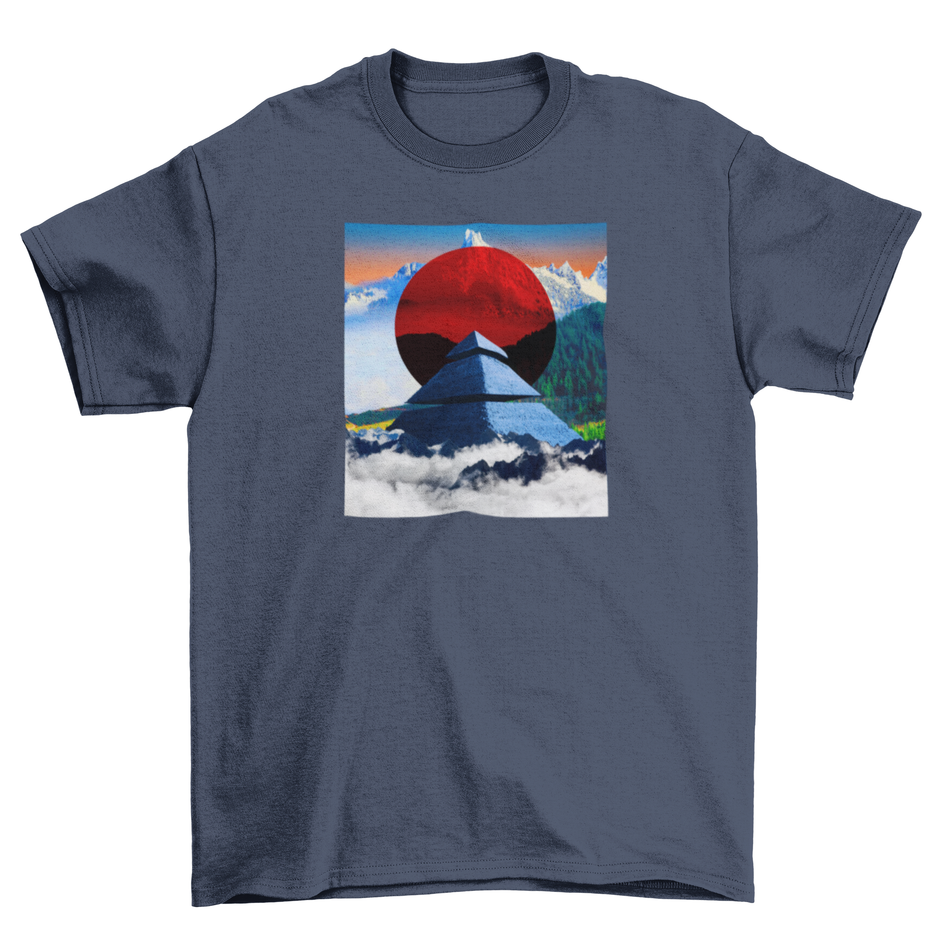 A stylish t-shirt featuring a vibrant landscape design with a pyramid and mountains, perfect for nature enthusiasts.