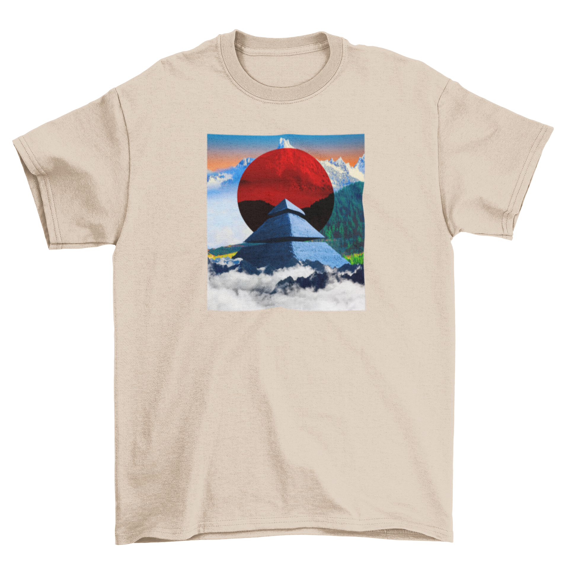 A stylish t-shirt featuring a vibrant landscape design with a pyramid and mountains, perfect for nature enthusiasts.