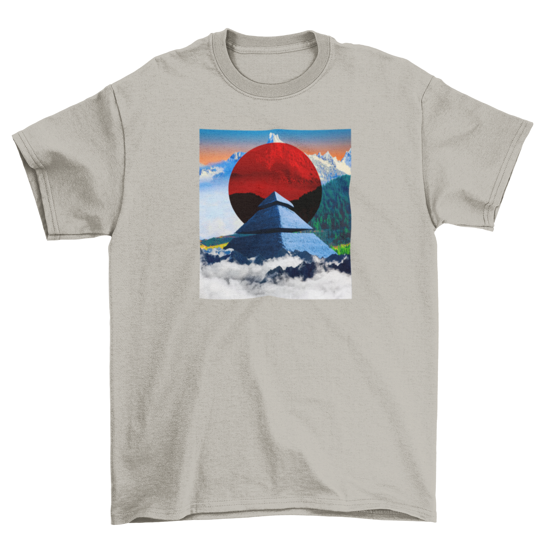 A stylish t-shirt featuring a vibrant landscape design with a pyramid and mountains, perfect for nature enthusiasts.