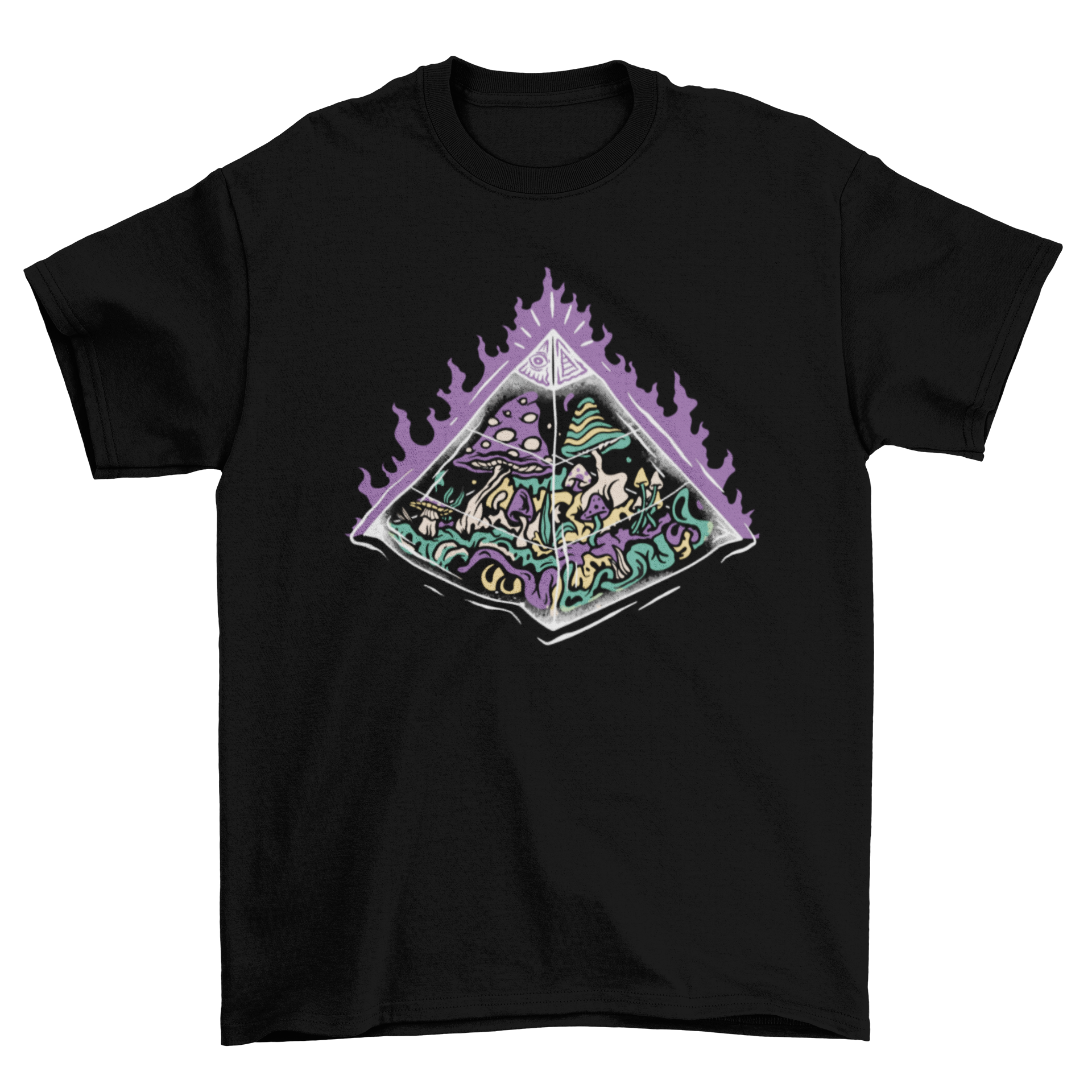 A stylish t-shirt featuring a vibrant graphic of a pyramid surrounded by colorful mushrooms, perfect for nature lovers.