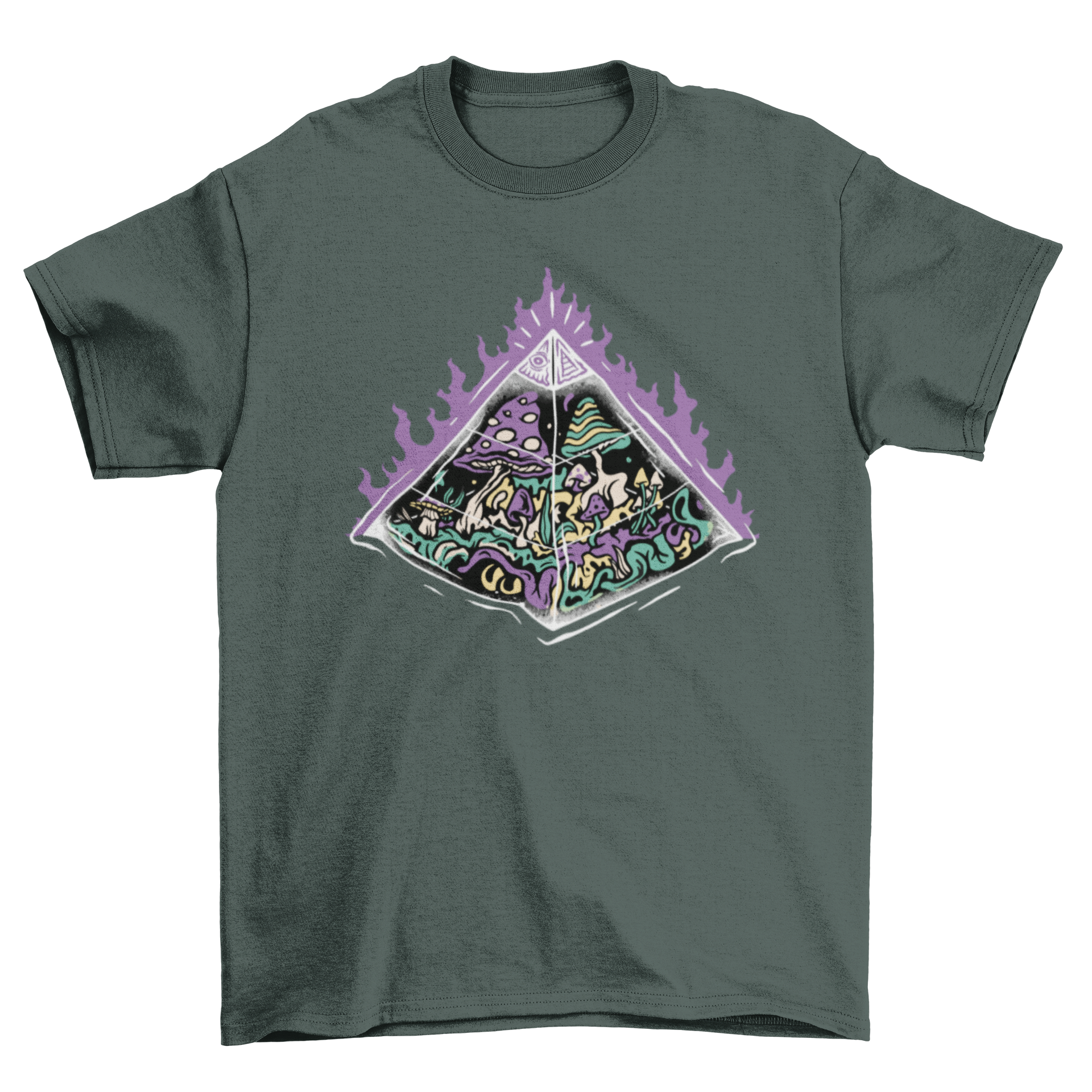 A stylish t-shirt featuring a vibrant graphic of a pyramid surrounded by colorful mushrooms, perfect for nature lovers.