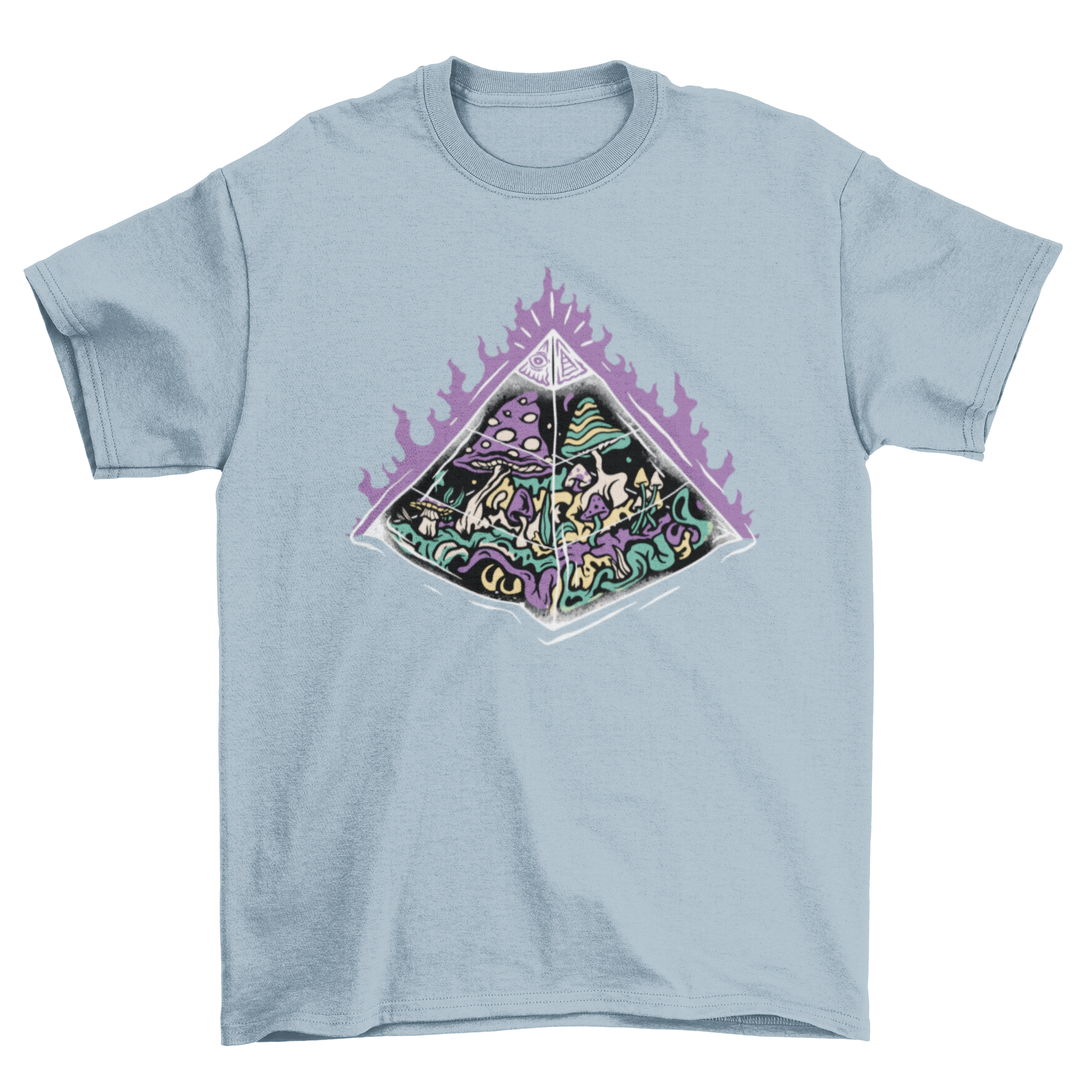 A stylish t-shirt featuring a vibrant graphic of a pyramid surrounded by colorful mushrooms, perfect for nature lovers.