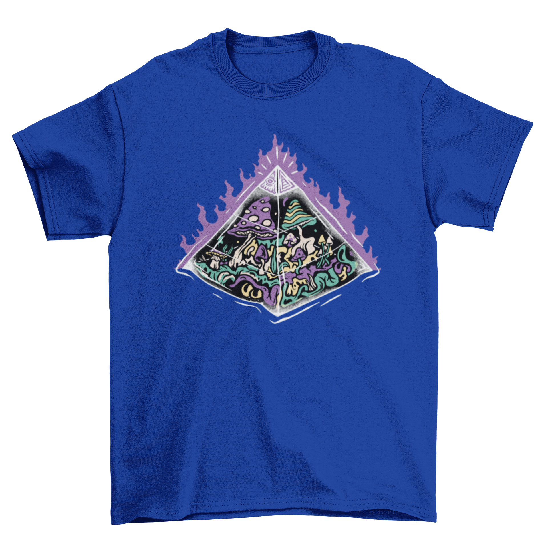 A stylish t-shirt featuring a vibrant graphic of a pyramid surrounded by colorful mushrooms, perfect for nature lovers.