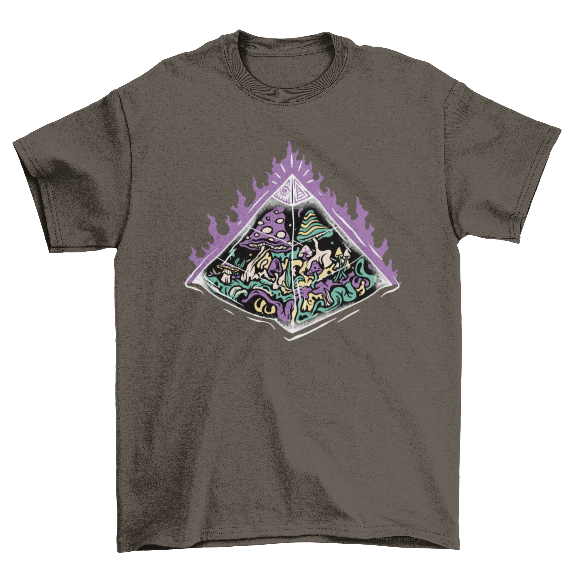 A stylish t-shirt featuring a vibrant graphic of a pyramid surrounded by colorful mushrooms, perfect for nature lovers.