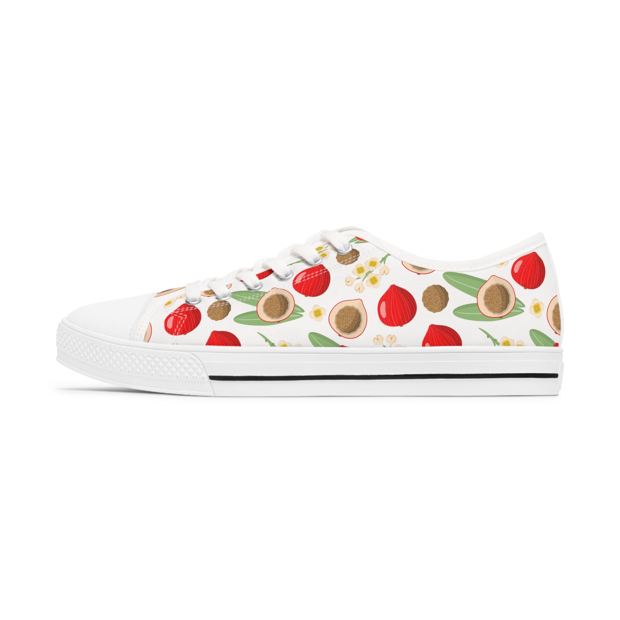 A pair of Quandong Women's Low Top Sneakers in black and white, showcasing breathable polyester canvas and stylish silver metal eyelets.