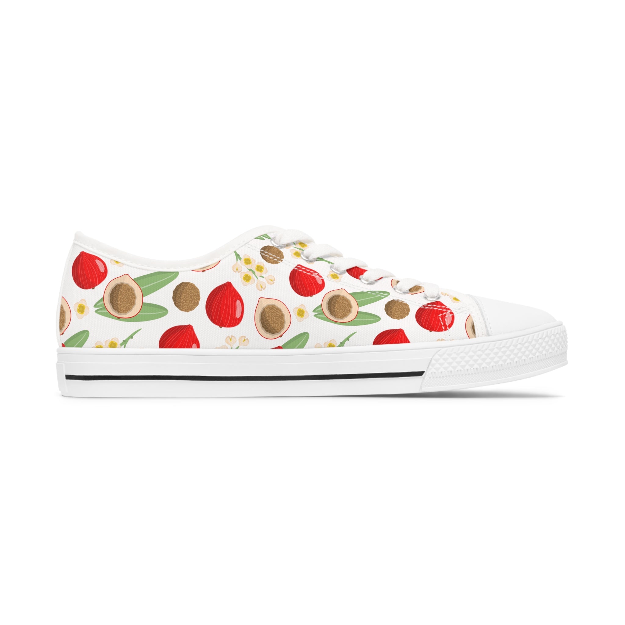 A pair of Quandong Women's Low Top Sneakers in black and white, showcasing breathable polyester canvas and stylish silver metal eyelets.