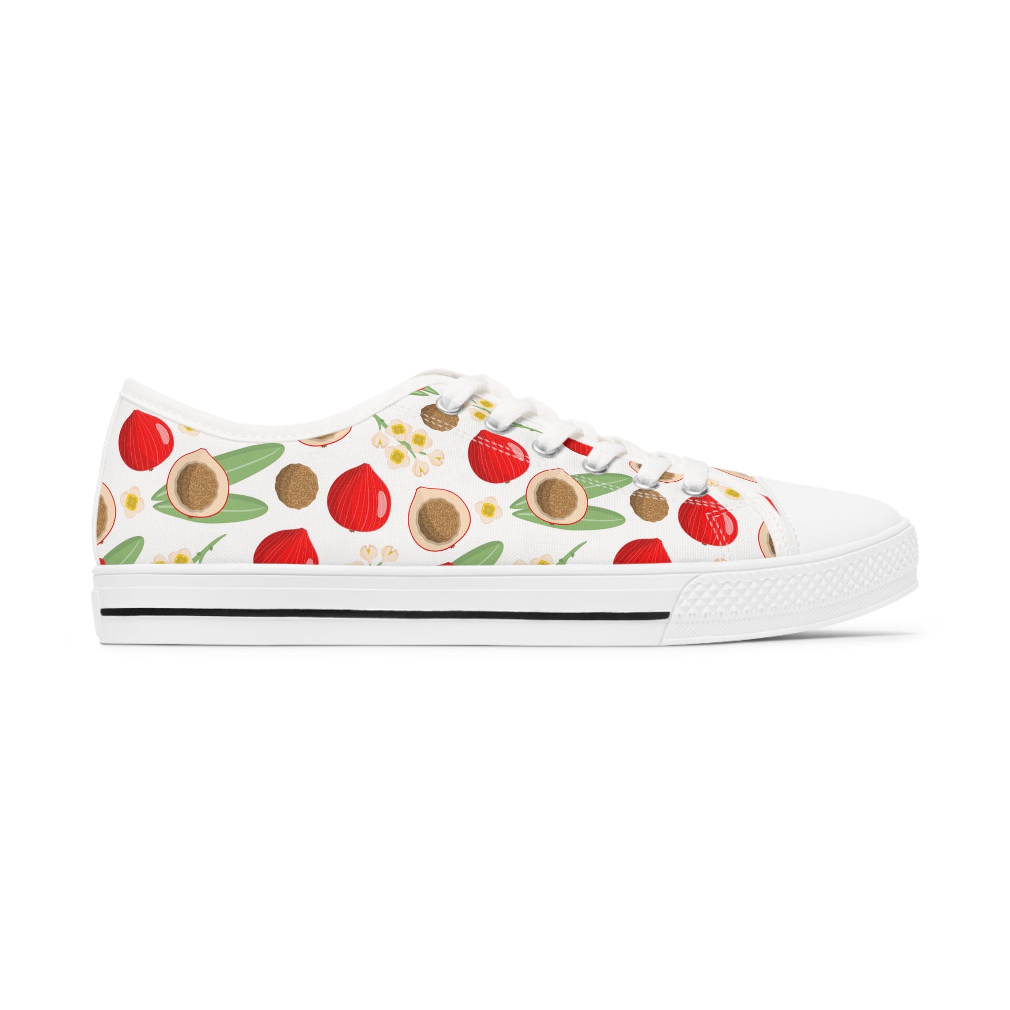 A pair of Quandong Women's Low Top Sneakers in black and white, showcasing breathable polyester canvas and stylish silver metal eyelets.