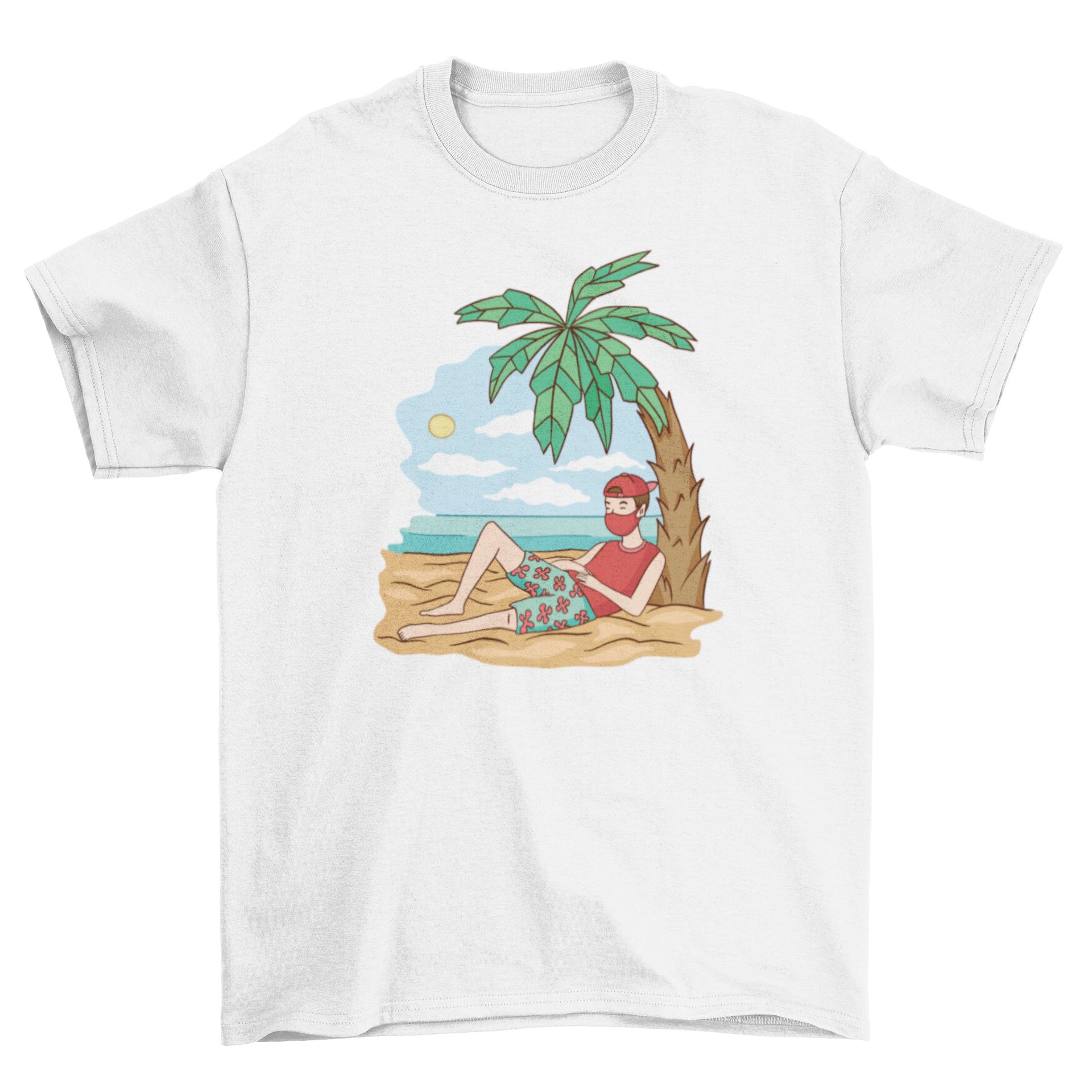 Quarantine vacation t-shirt featuring a man on the beach wearing a face mask, showcasing a fun and stylish design.