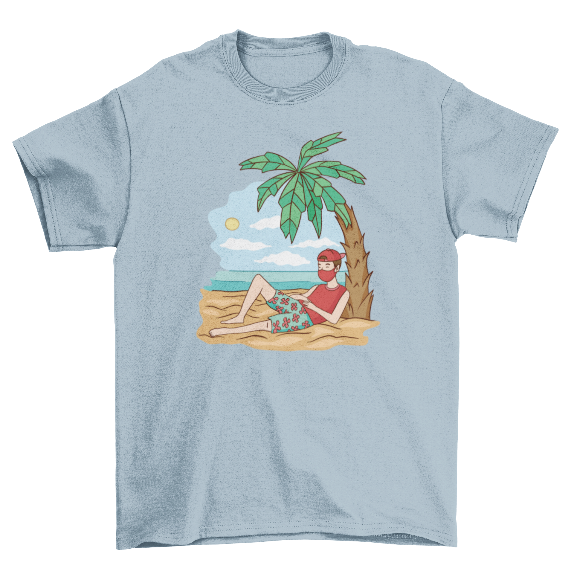 Quarantine vacation t-shirt featuring a man on the beach wearing a face mask, showcasing a fun and stylish design.