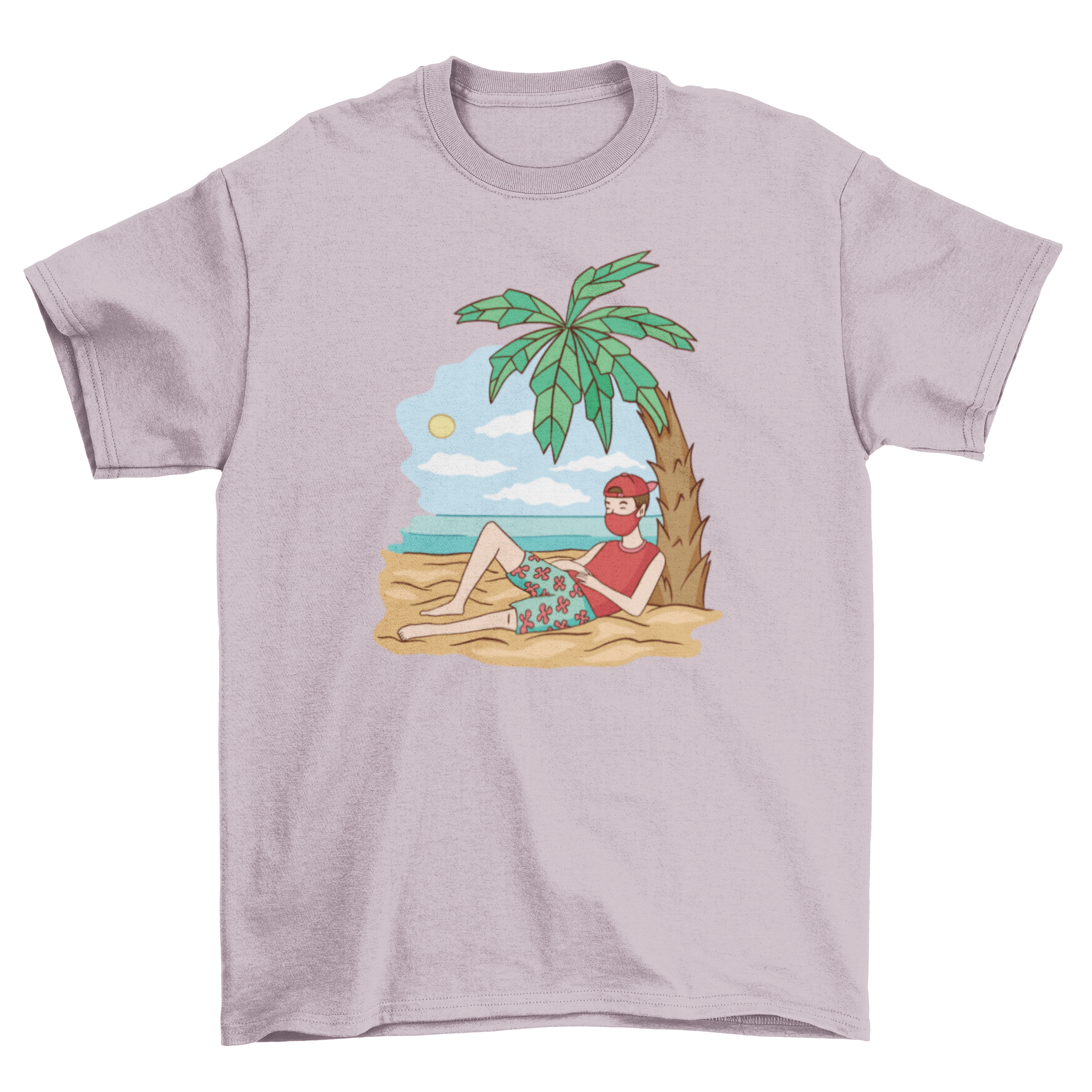 Quarantine vacation t-shirt featuring a man on the beach wearing a face mask, showcasing a fun and stylish design.