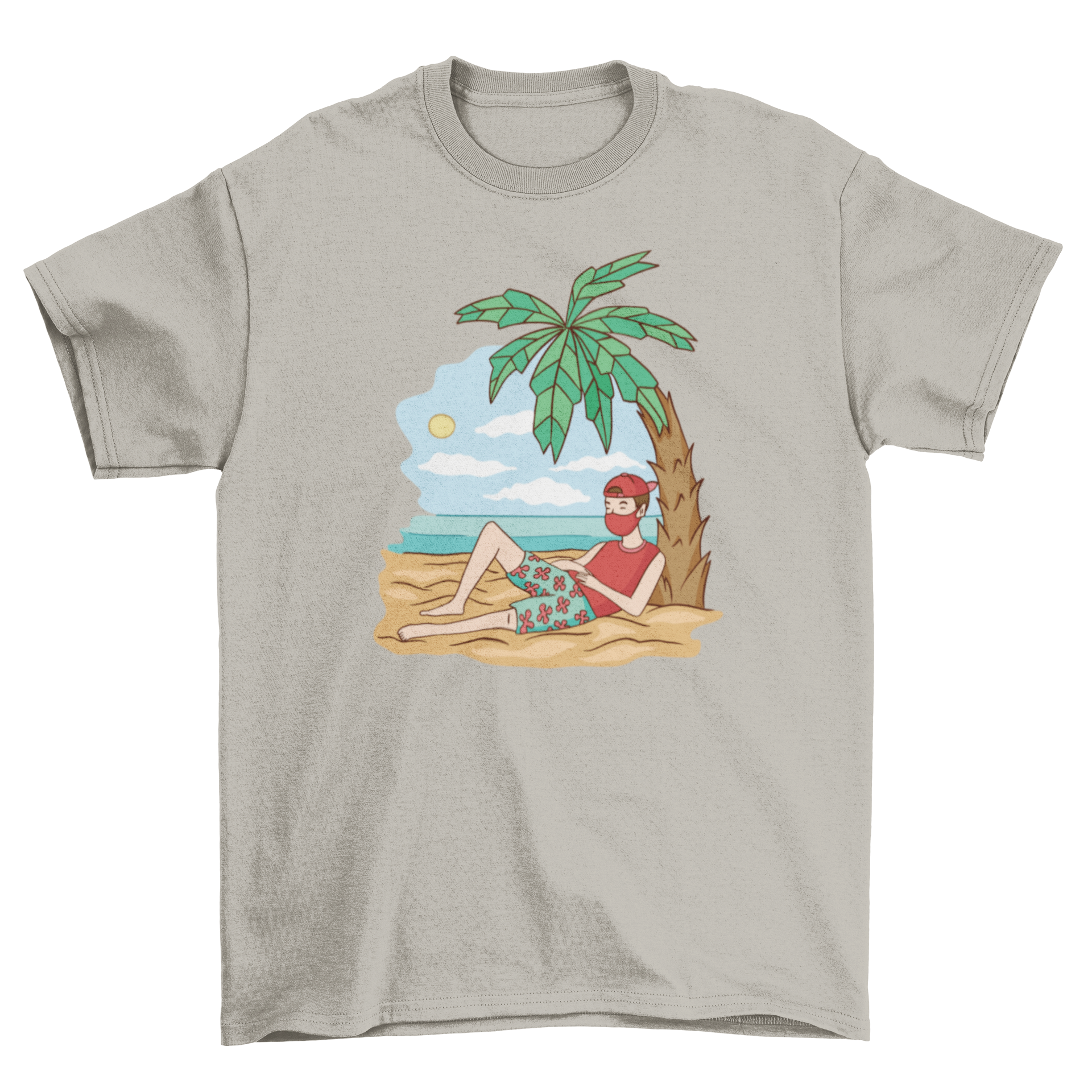 Quarantine vacation t-shirt featuring a man on the beach wearing a face mask, showcasing a fun and stylish design.