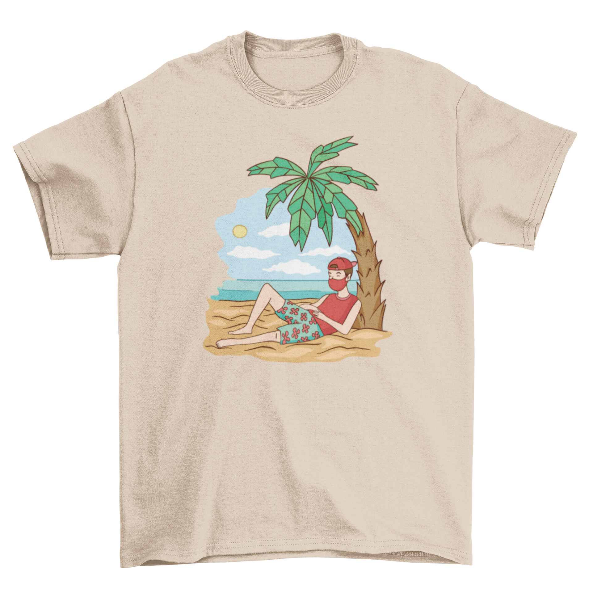 Quarantine vacation t-shirt featuring a man on the beach wearing a face mask, showcasing a fun and stylish design.