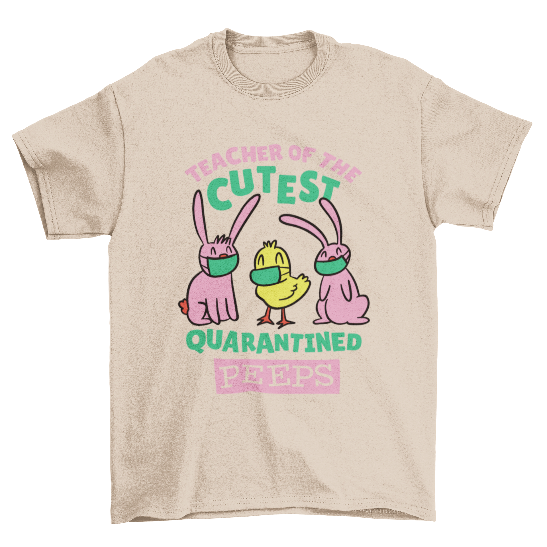 A colorful t-shirt design featuring three happy animals wearing face masks, showcasing a fun and whimsical quarantine theme.