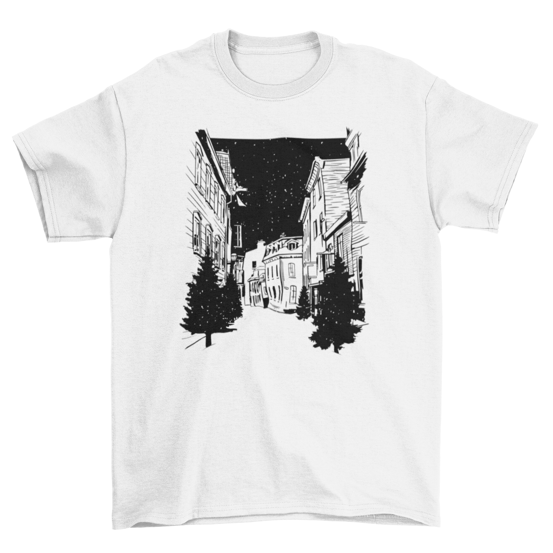 Quebec Streets T-shirt featuring a colorful illustration of a Quebec street, showcasing vibrant urban life.