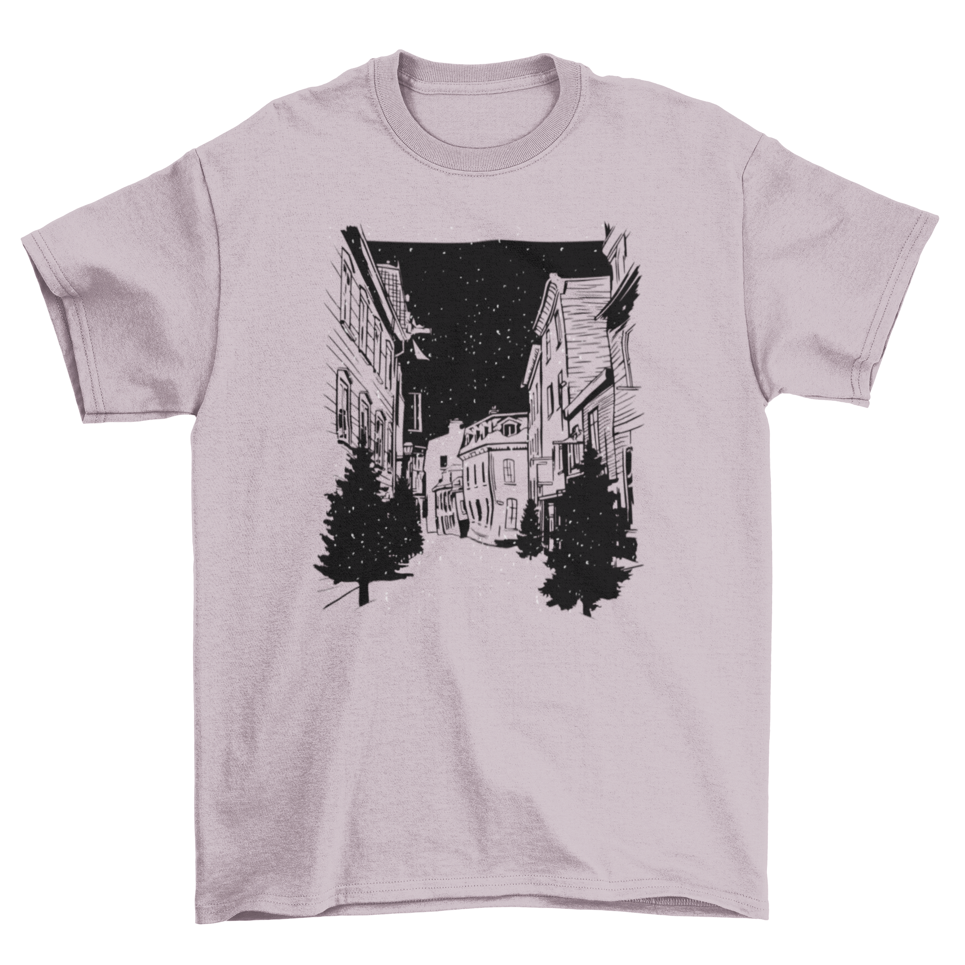 Quebec Streets T-shirt featuring a colorful illustration of a Quebec street, showcasing vibrant urban life.