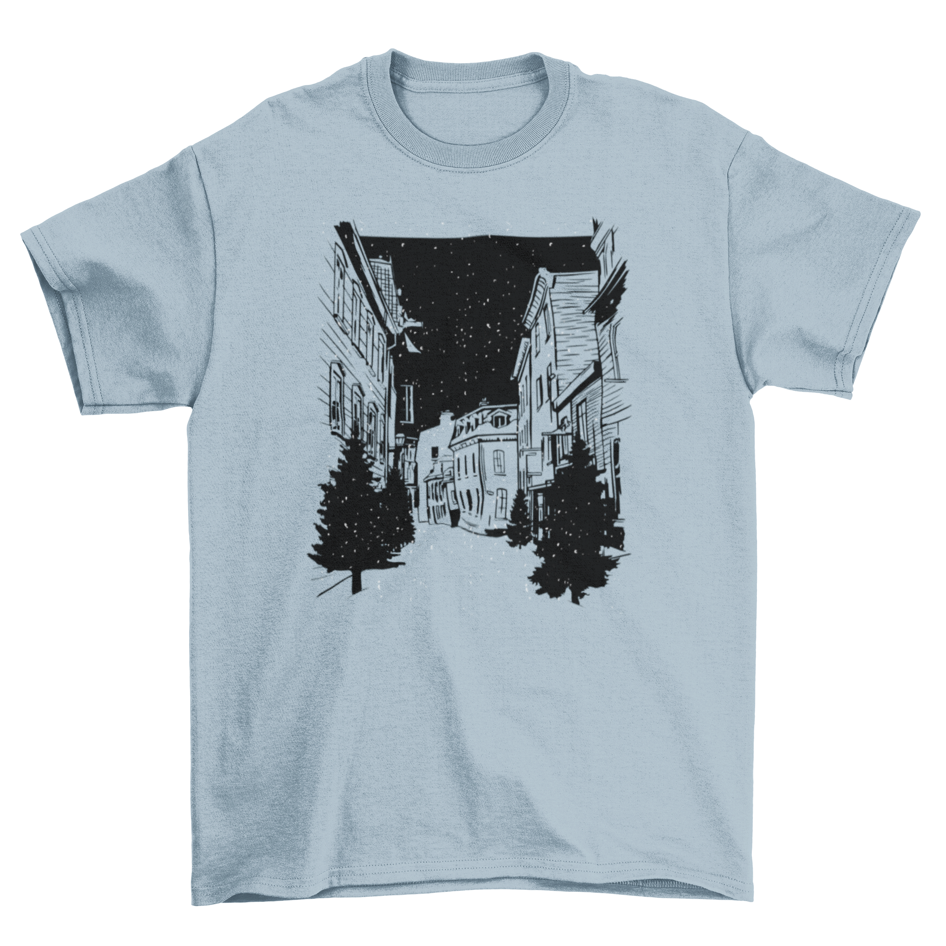 Quebec Streets T-shirt featuring a colorful illustration of a Quebec street, showcasing vibrant urban life.