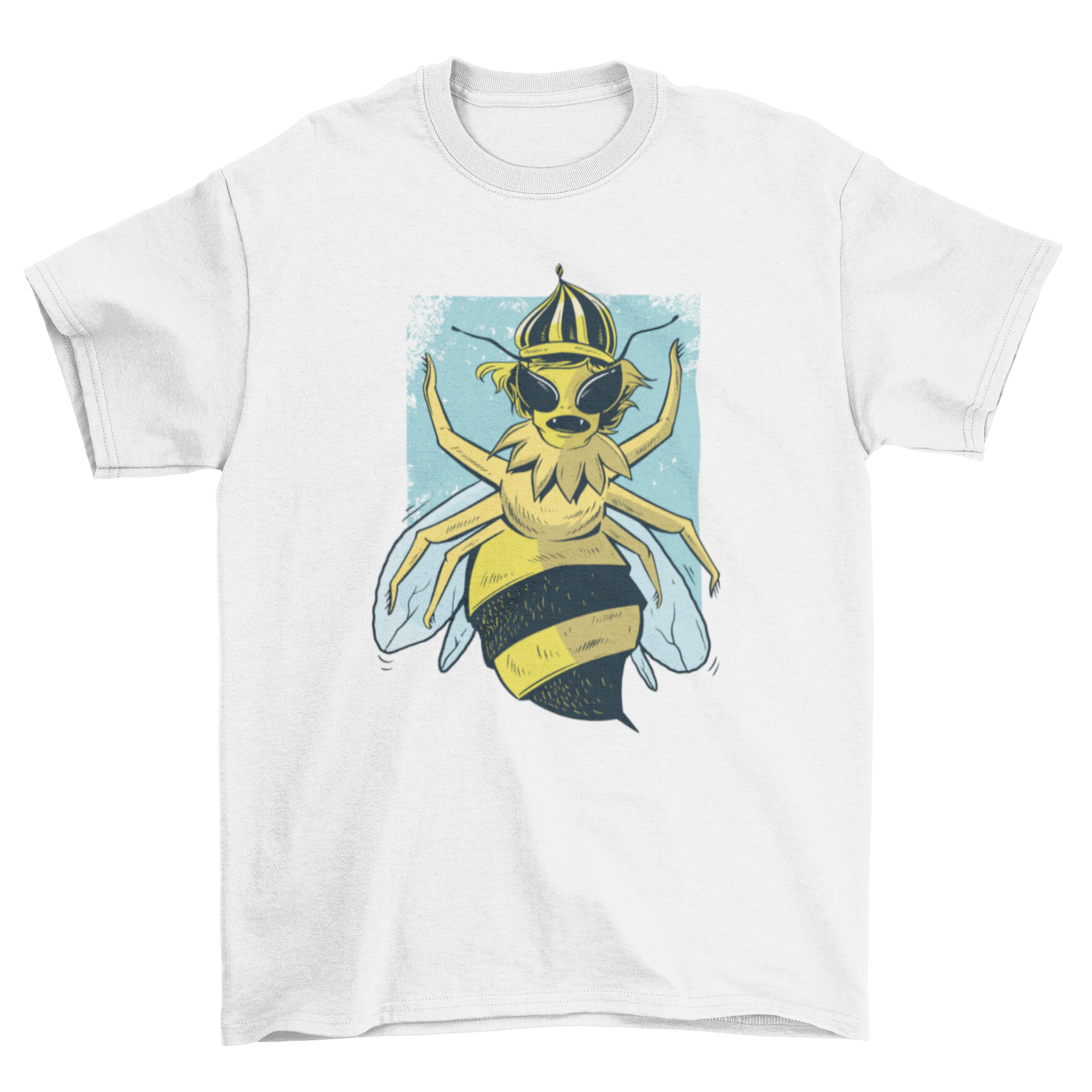 A vibrant cartoon illustration of a queen bee on a stylish T-shirt design.