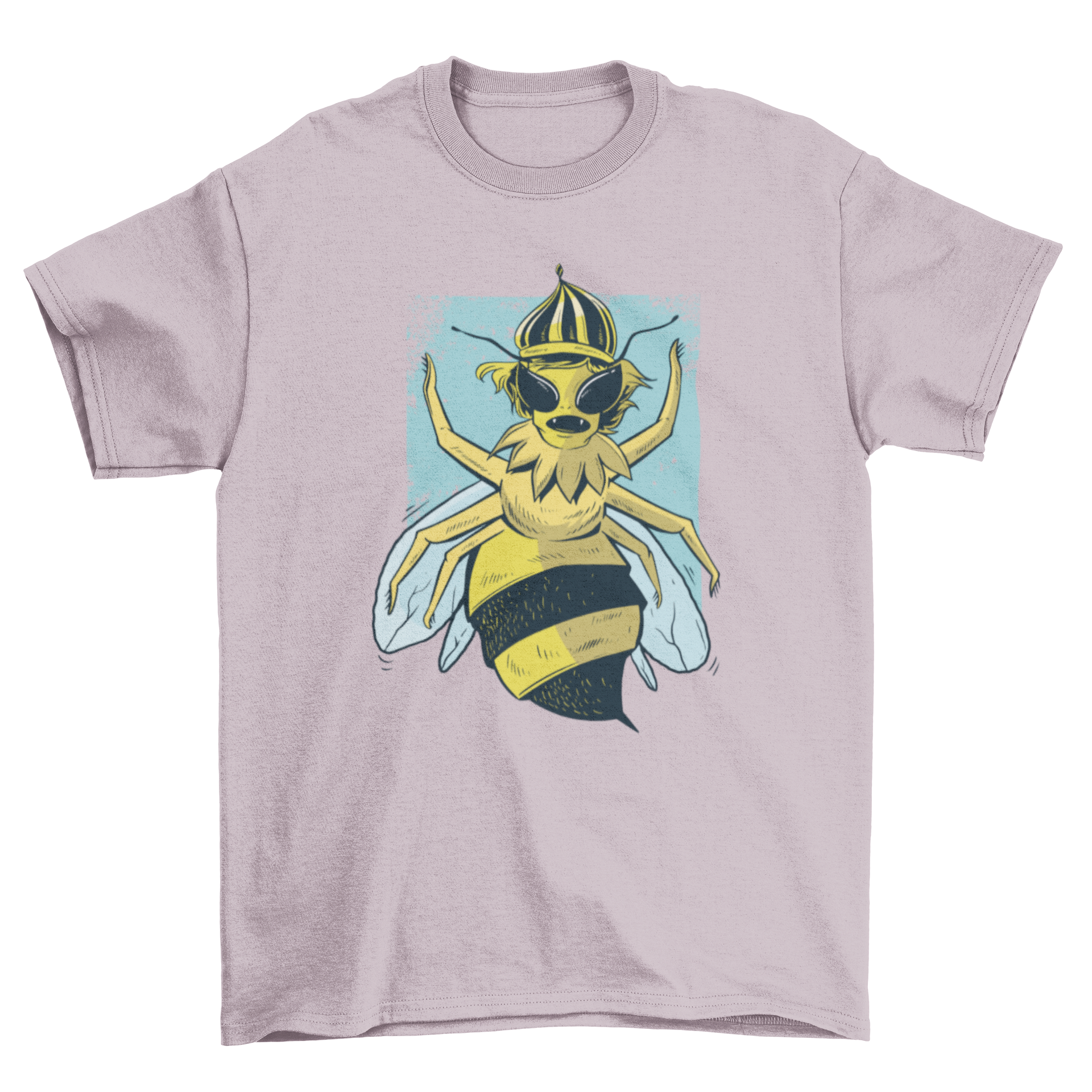 A vibrant cartoon illustration of a queen bee on a stylish T-shirt design.