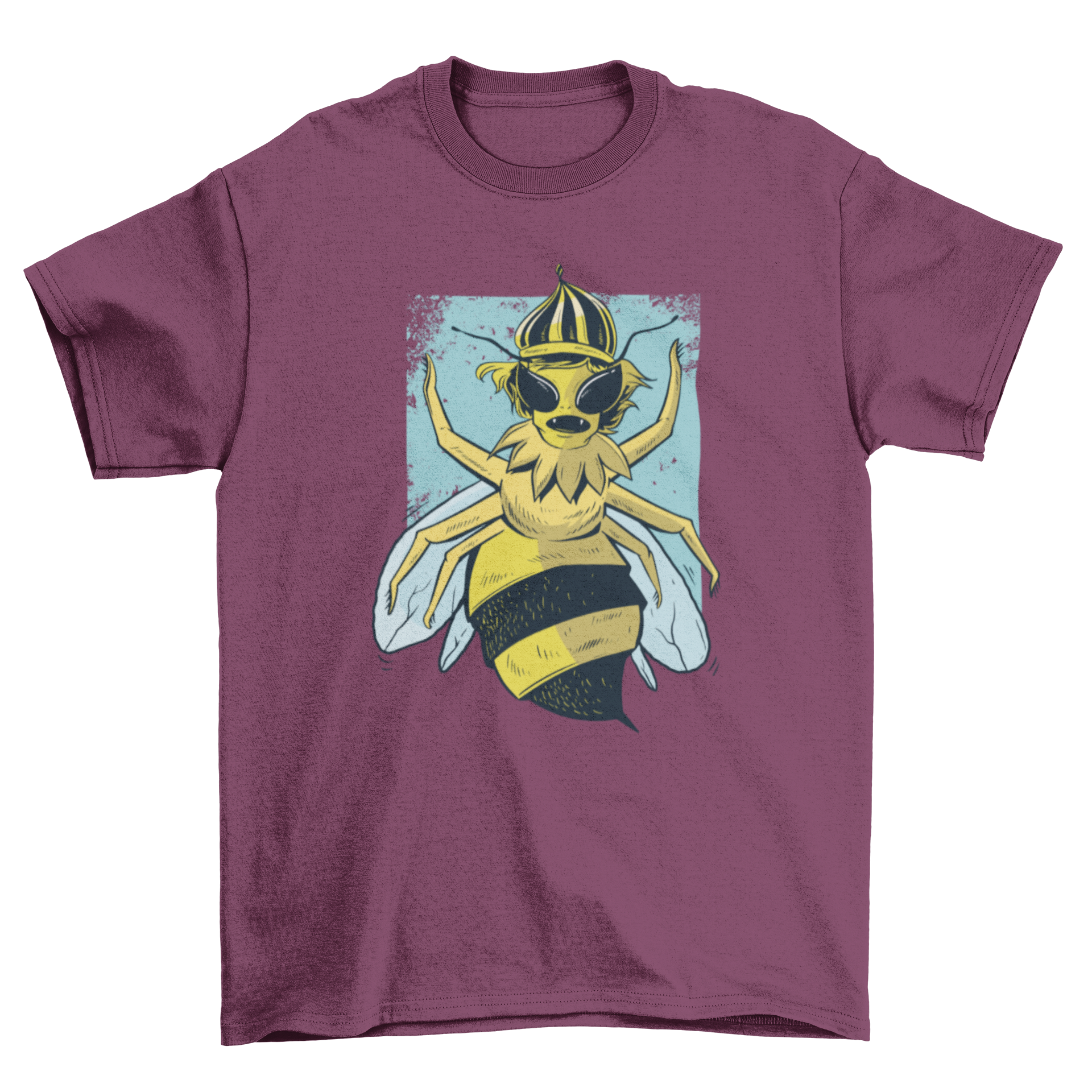 A vibrant cartoon illustration of a queen bee on a stylish T-shirt design.