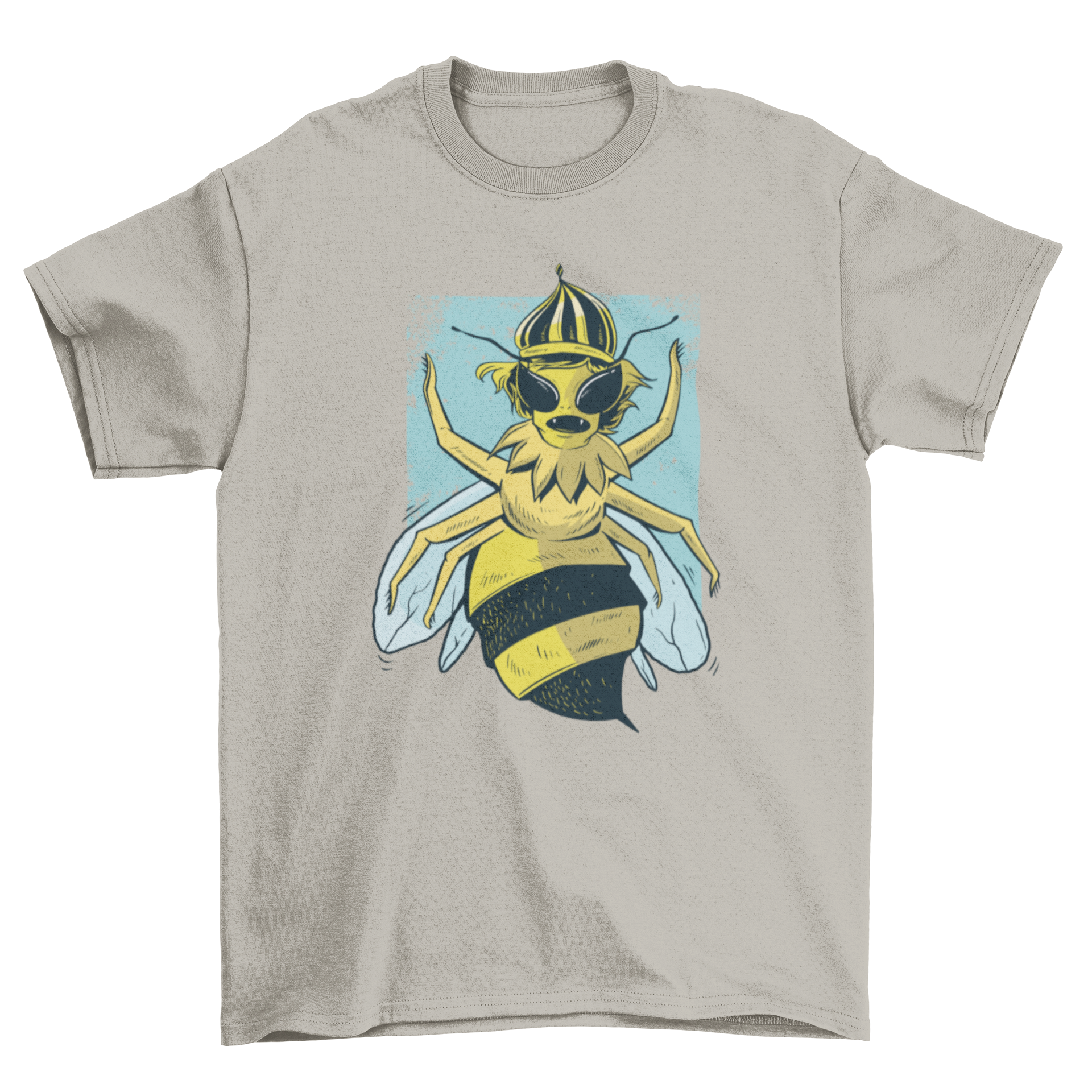 A vibrant cartoon illustration of a queen bee on a stylish T-shirt design.