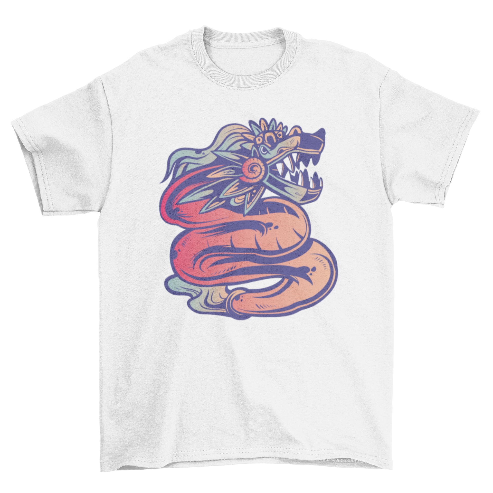 A stylish t-shirt featuring a vibrant illustration of Quetzalcoatl, the feathered serpent deity from Mesoamerican culture.