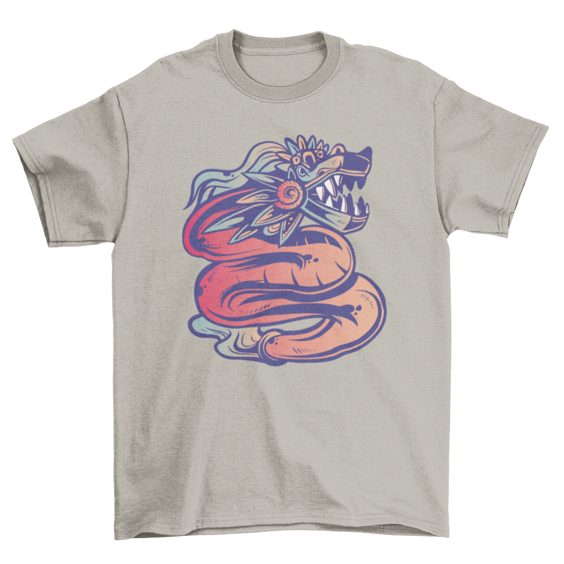 A stylish t-shirt featuring a vibrant illustration of Quetzalcoatl, the feathered serpent deity from Mesoamerican culture.