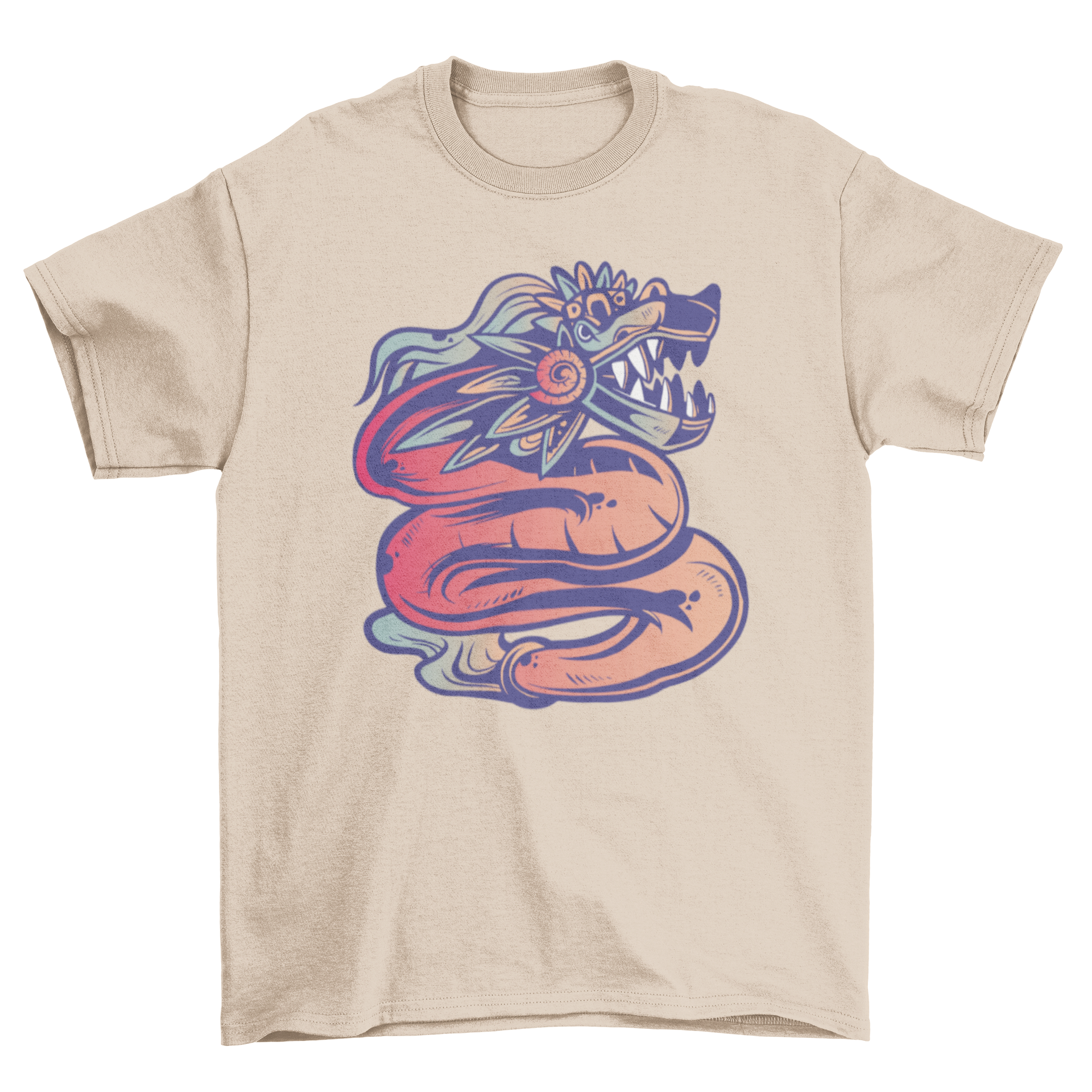 A stylish t-shirt featuring a vibrant illustration of Quetzalcoatl, the feathered serpent deity from Mesoamerican culture.