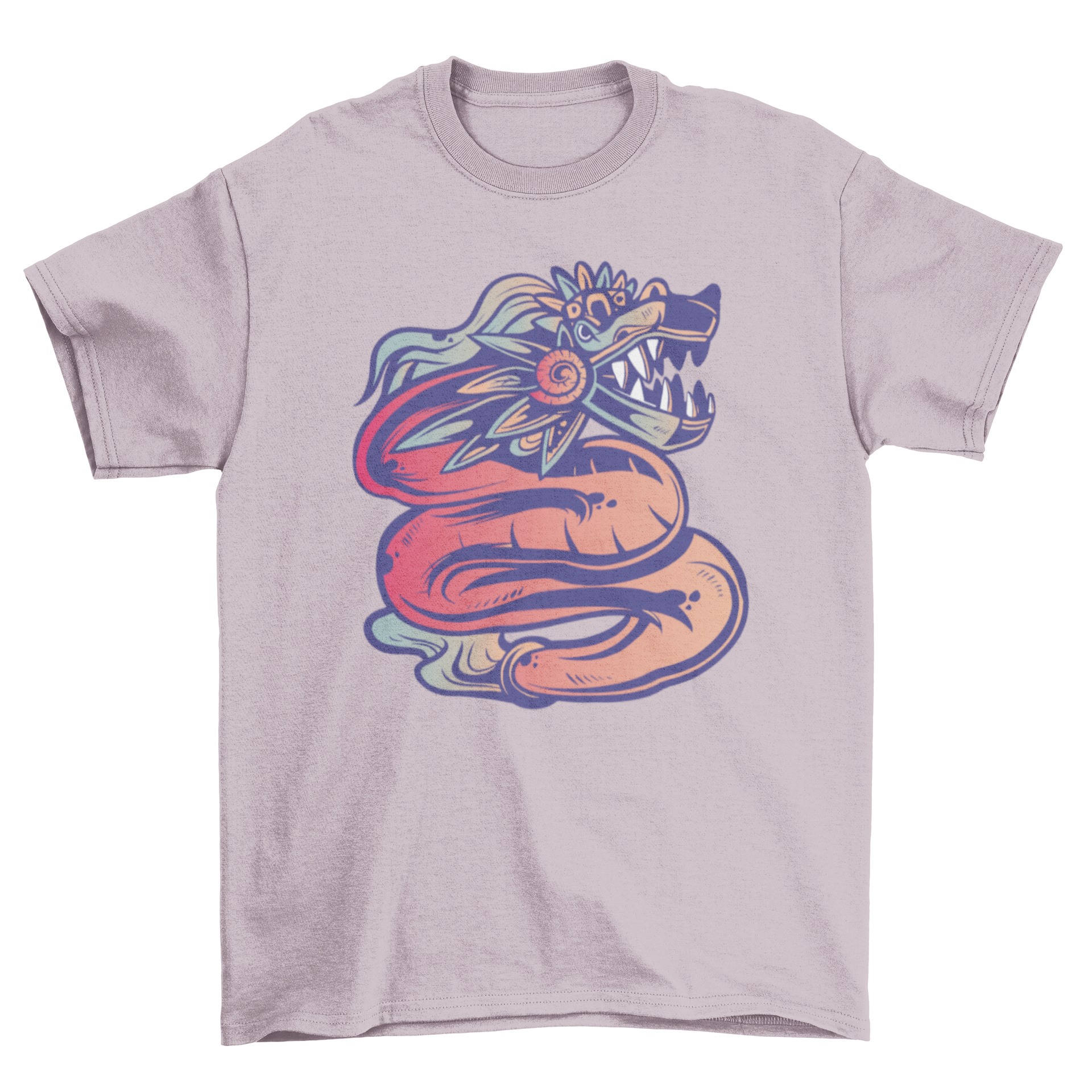 A stylish t-shirt featuring a vibrant illustration of Quetzalcoatl, the feathered serpent deity from Mesoamerican culture.